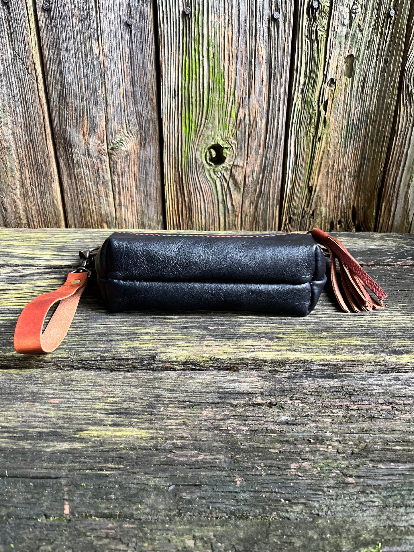 Little Pip Wristlet in Black Veg Tan with Brown Leather Accents