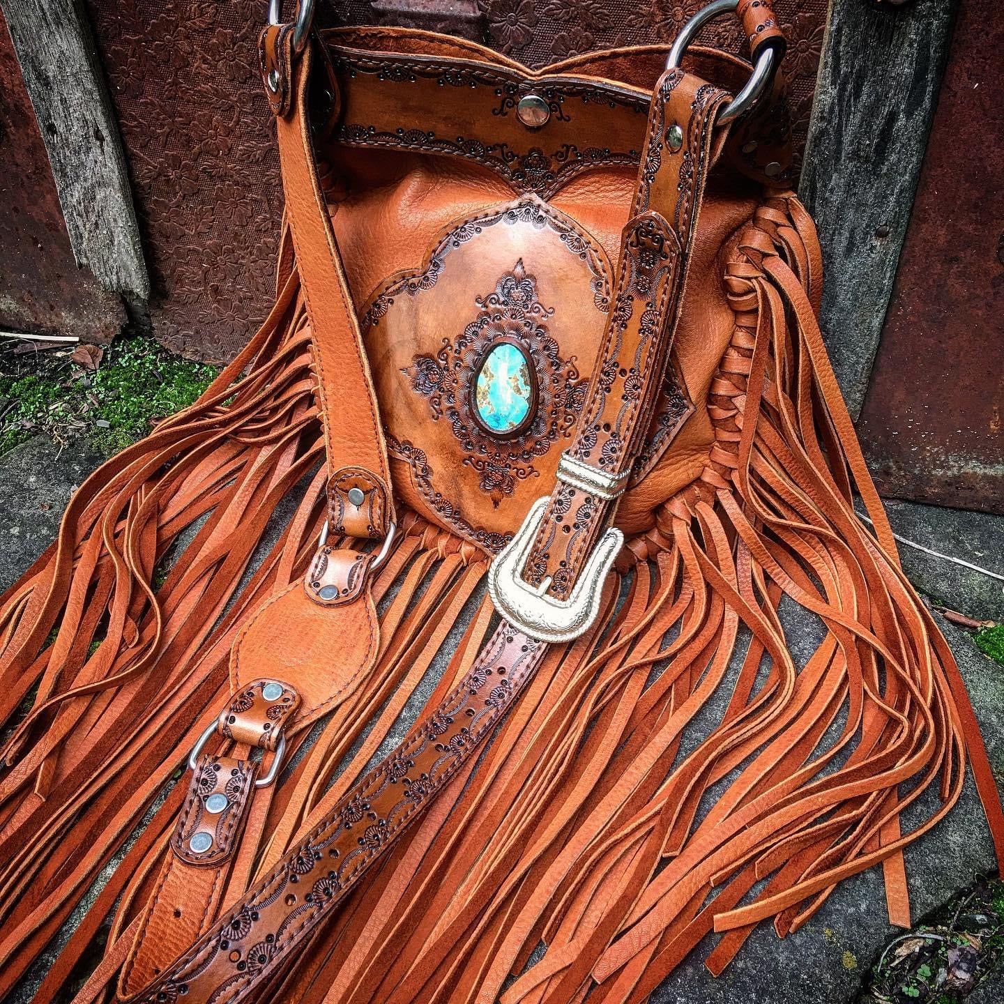 Evolet Tribal Leather Crossbody Pouch, Hand-Tooled, Tobacco Deerskin with Sierra Nevada Turquoise
