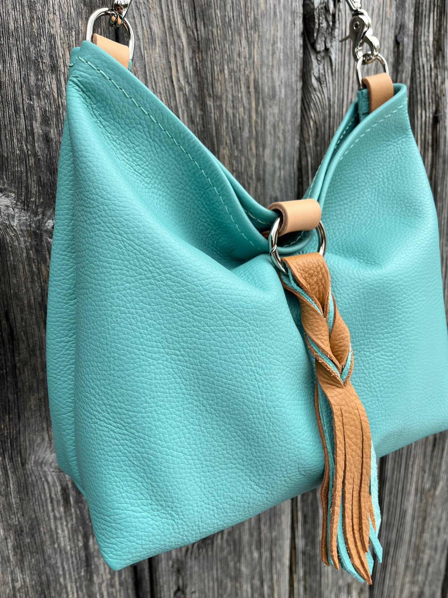 Mimi Slouch Bag in Tiffany Blue with Braided Throwover Leather Tassel