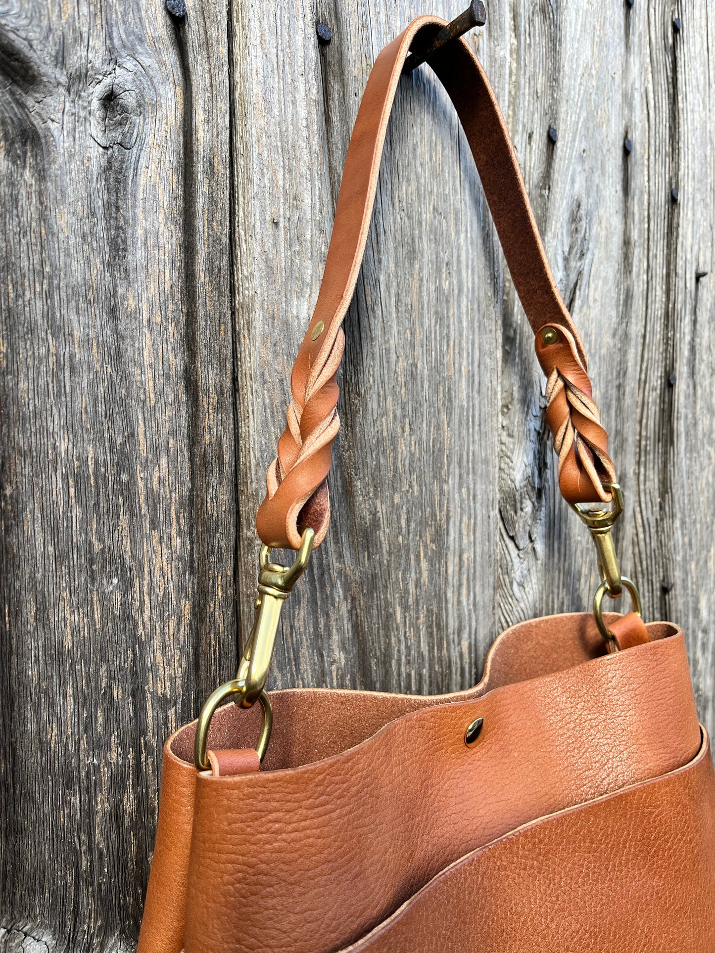 Emma Shoulder Bag in Wickett & Craig Milled Buck Brown with Longer Braided Leather Strap