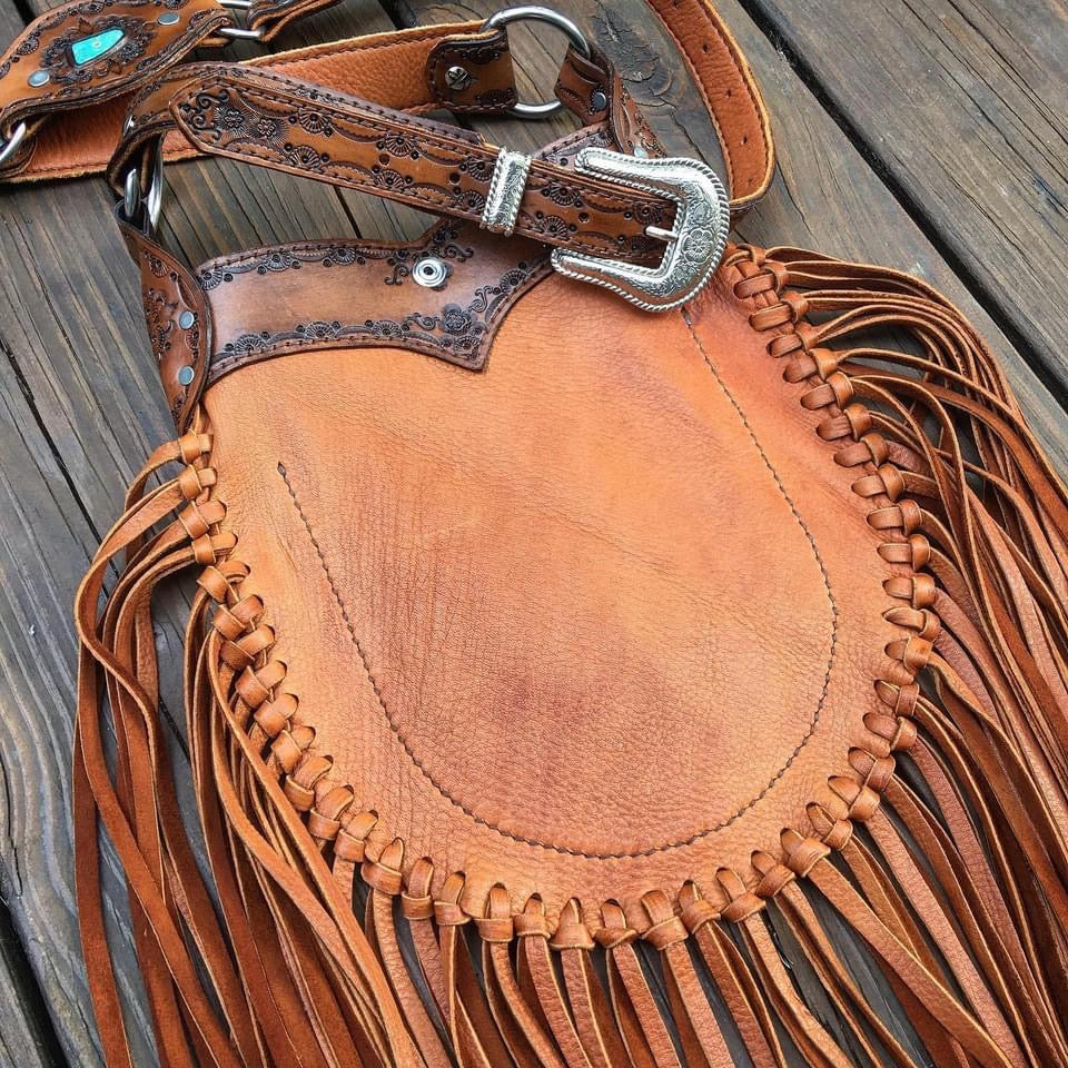 Evolet Tribal Leather Crossbody Pouch, Hand-Tooled, Tobacco Deerskin with Sierra Nevada Turquoise
