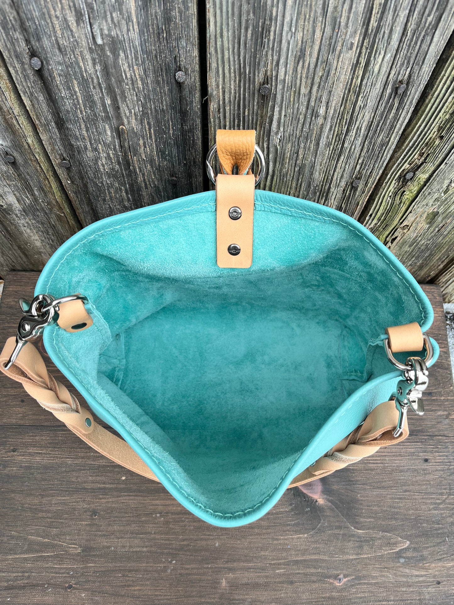 Mimi Slouch Bag in Tiffany Blue with Braided Throwover Leather Tassel
