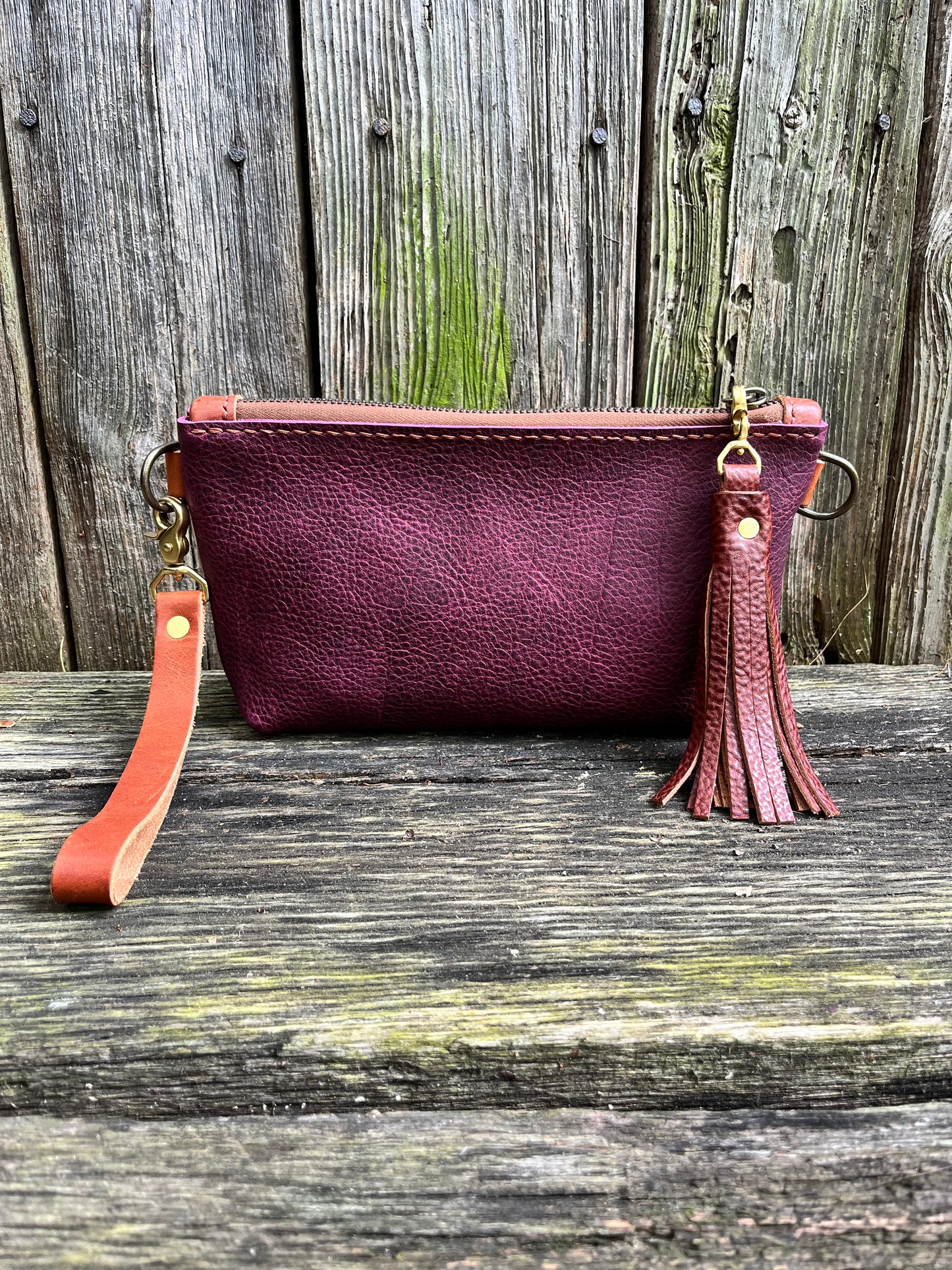 Pip Wristlet in Grape Bison with Cognac Leather Accents