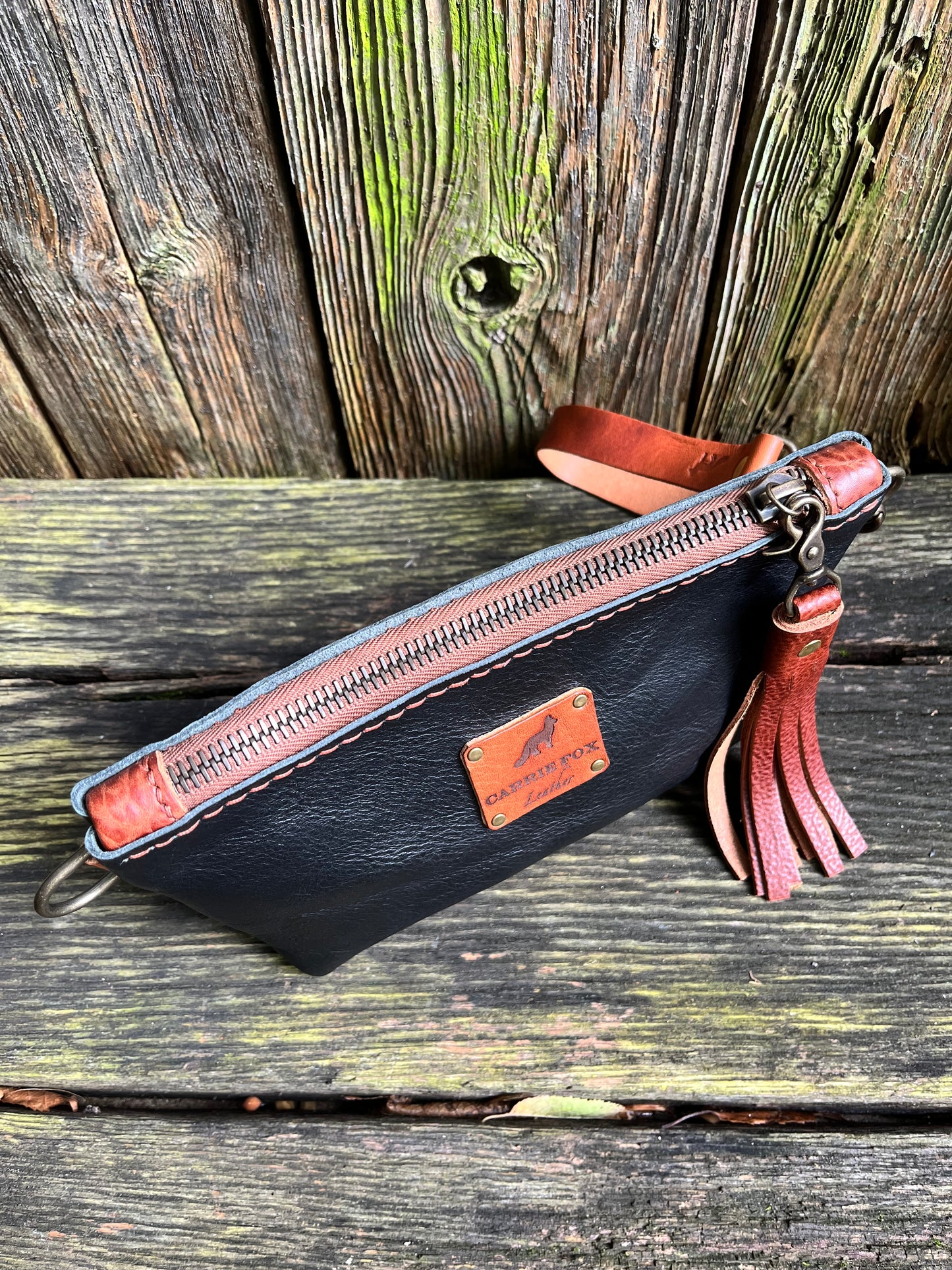 Little Pip Wristlet in Black Veg Tan with Brown Leather Accents