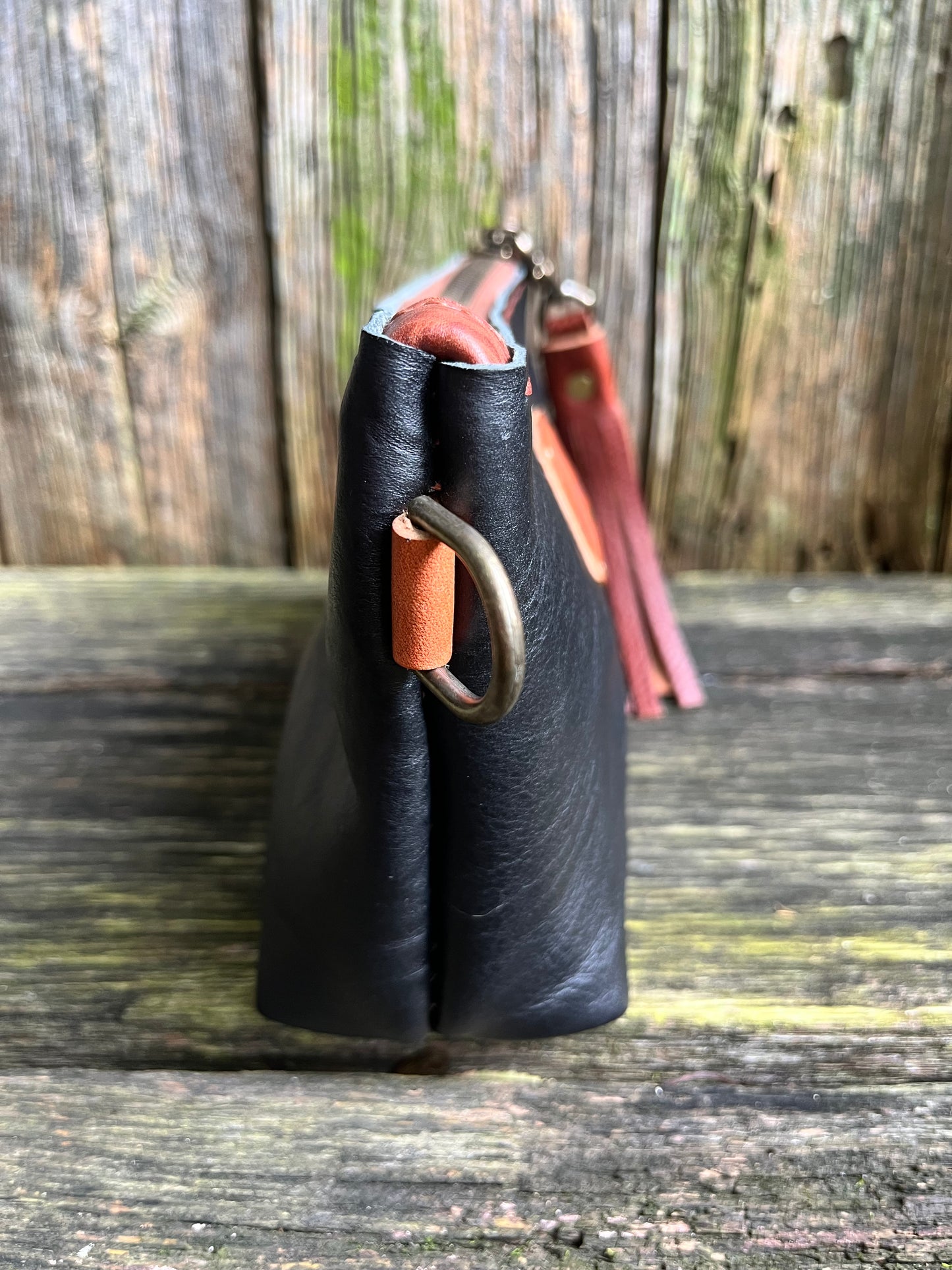 Little Pip Wristlet in Black Veg Tan with Brown Leather Accents