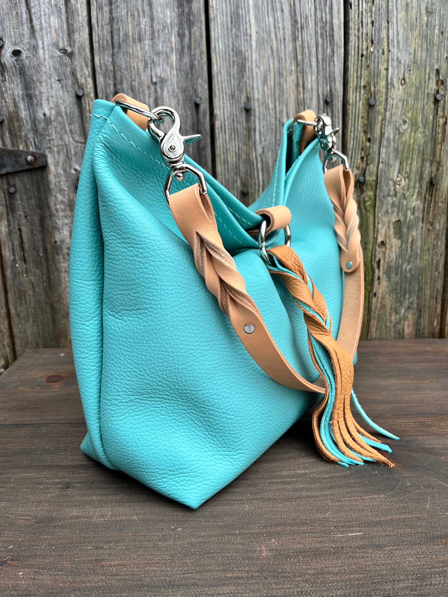 Mimi Slouch Bag in Tiffany Blue with Braided Throwover Leather Tassel