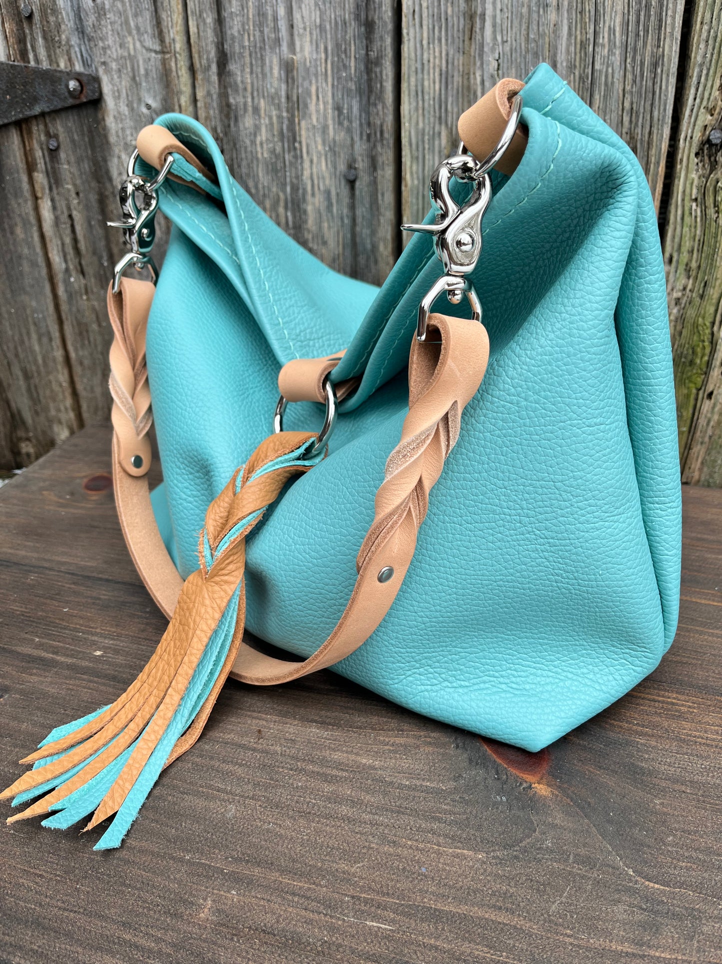 Mimi Slouch Bag in Tiffany Blue with Braided Throwover Leather Tassel
