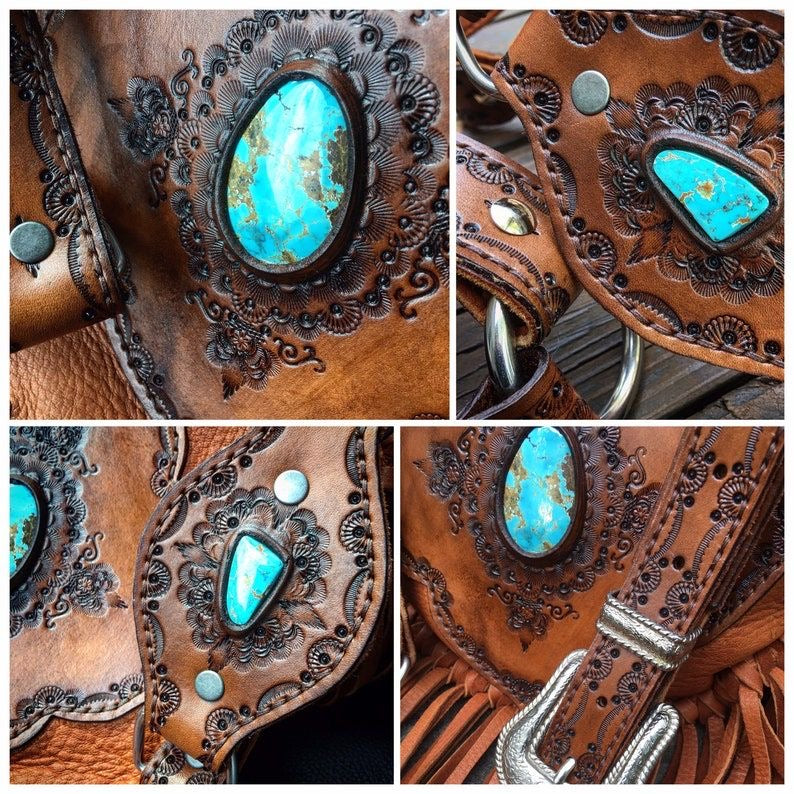 Evolet Tribal Leather Crossbody Pouch, Hand-Tooled, Tobacco Deerskin with Sierra Nevada Turquoise