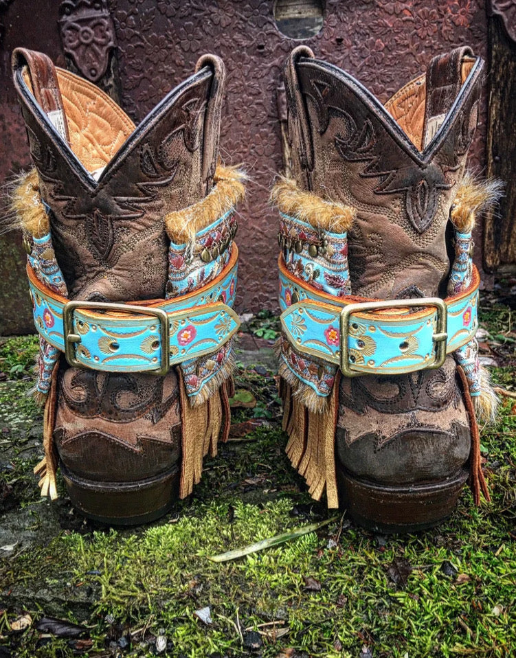 Shabby Chic Boho Boot Wraps, Hand Tooled / Painted, Wearable Art