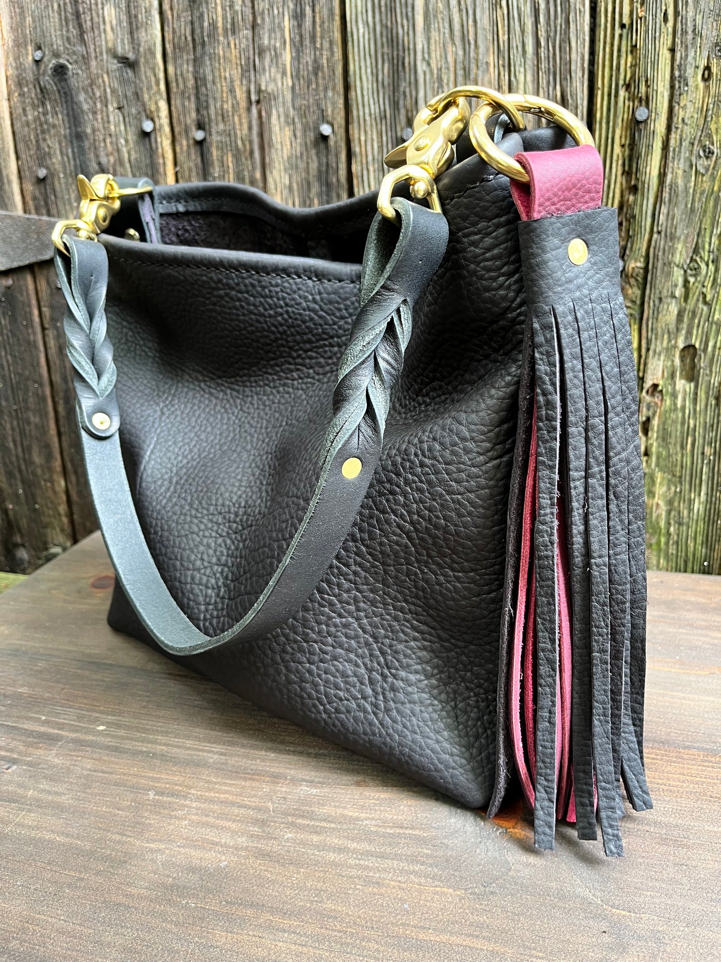 Mimi Slouch Bag in Black Bison with Leather Tassel