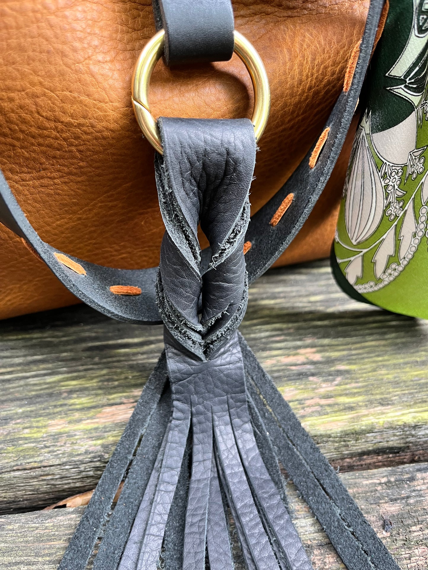 Barcelona Bucket in Distressed Tan Cowhide with Throwover Tassel & Silk Scarf Accessory