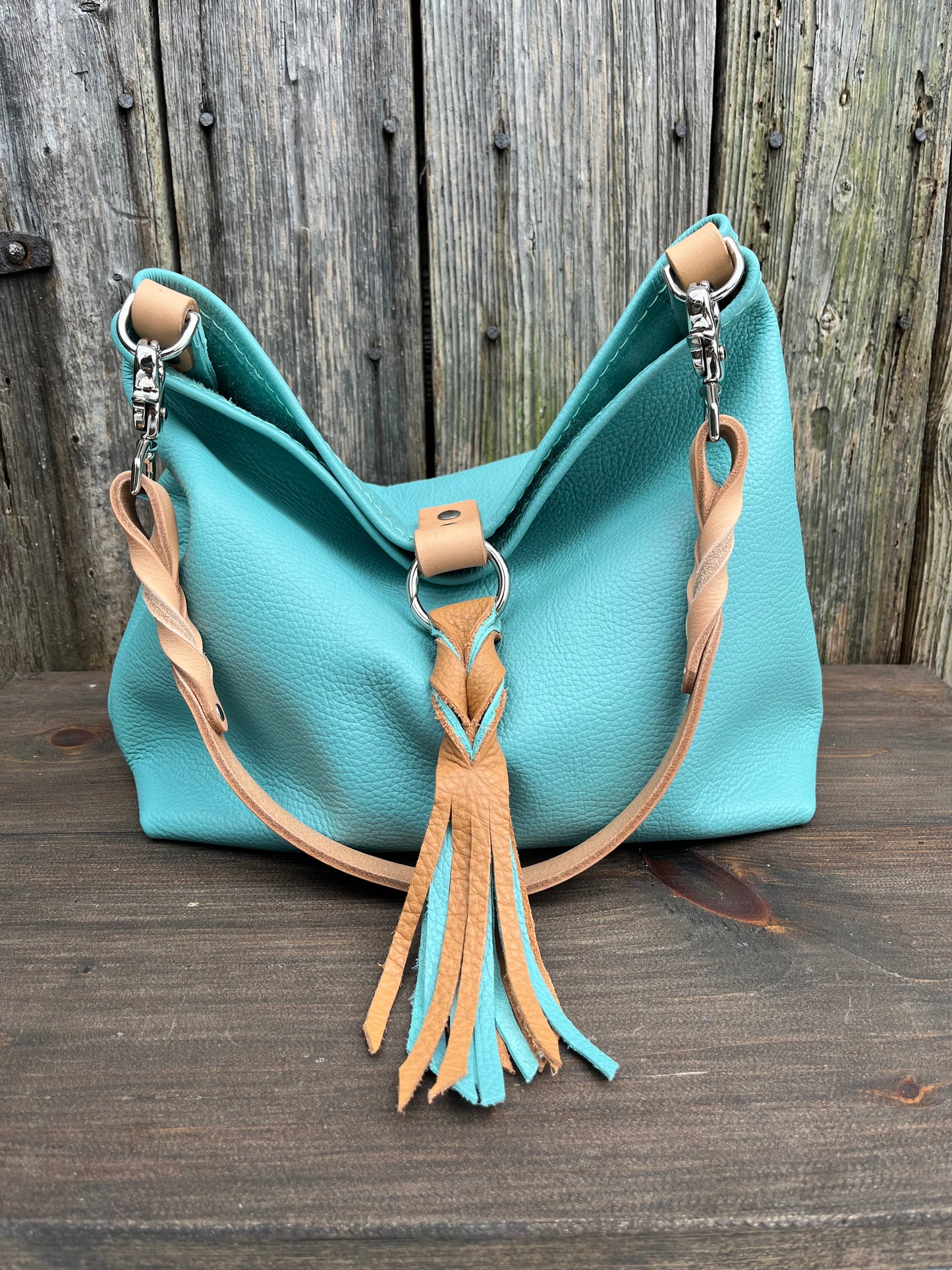 Mimi Slouch Bag in Tiffany Blue with Braided Throwover Leather Tassel