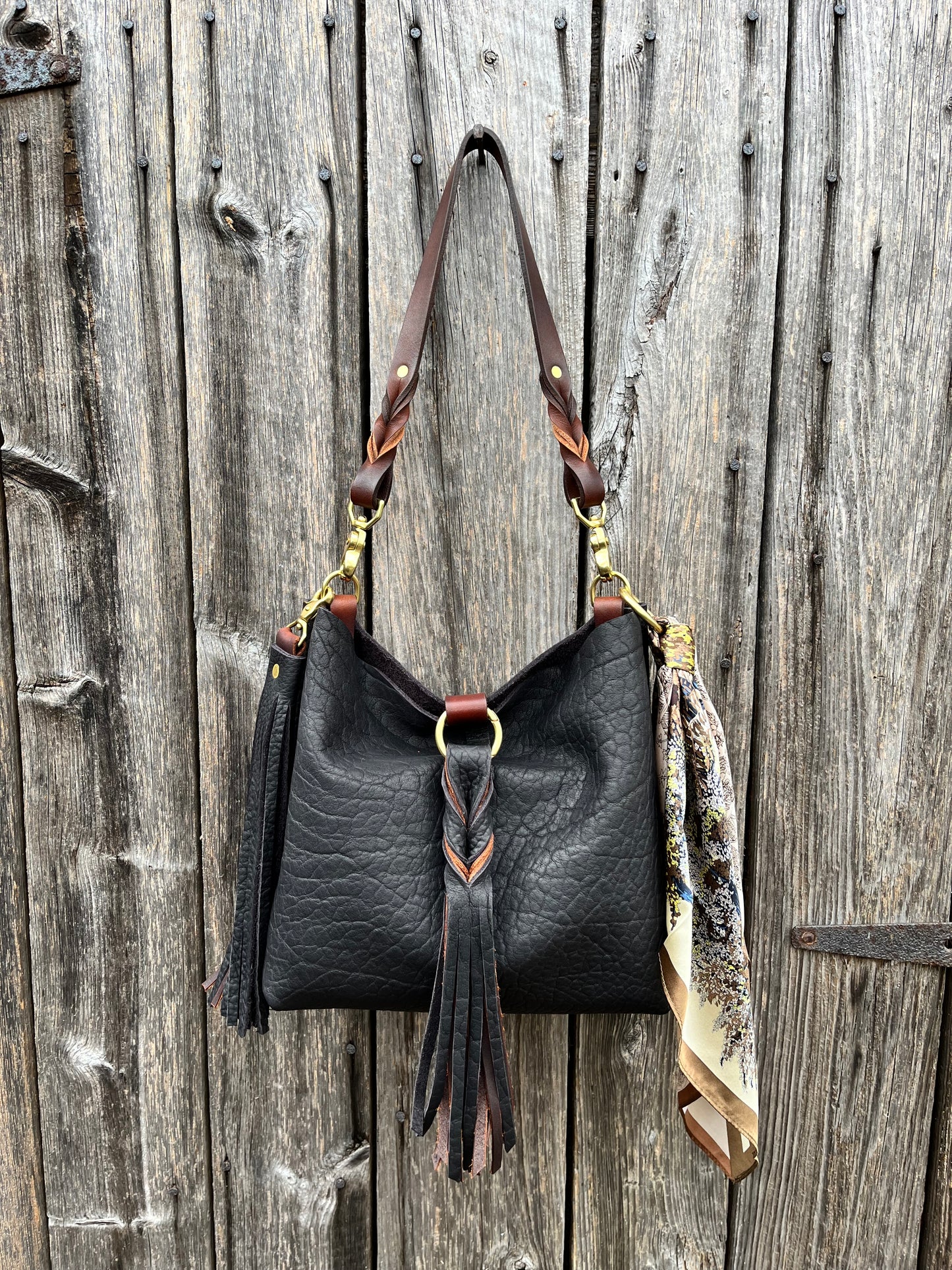 Barcelona Mini Bucket in Distressed Black Bison with Braided Tassel