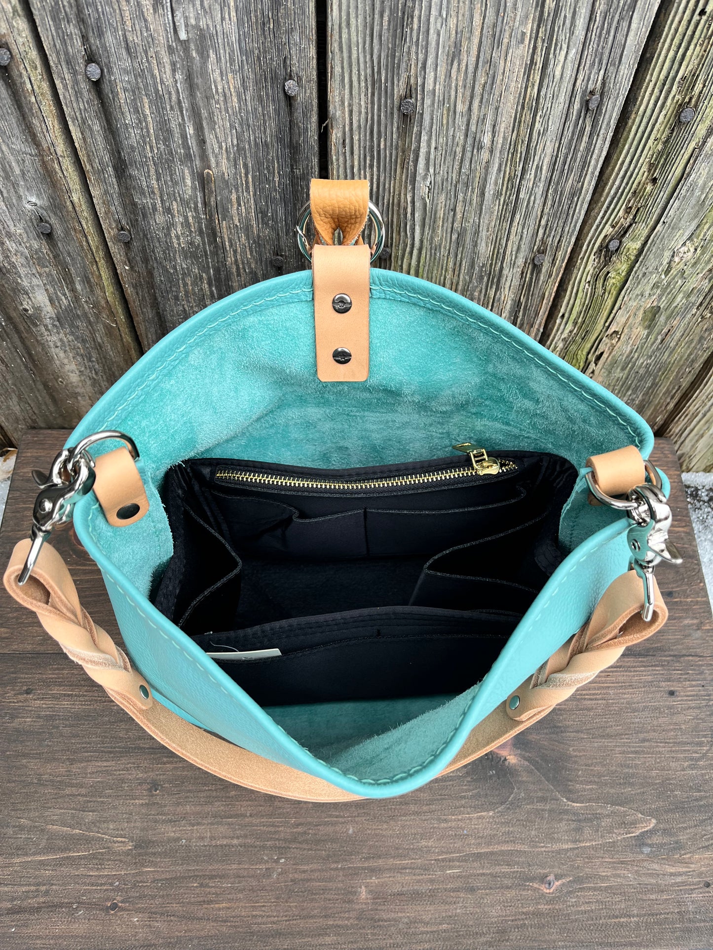 Mimi Slouch Bag in Tiffany Blue with Braided Throwover Leather Tassel