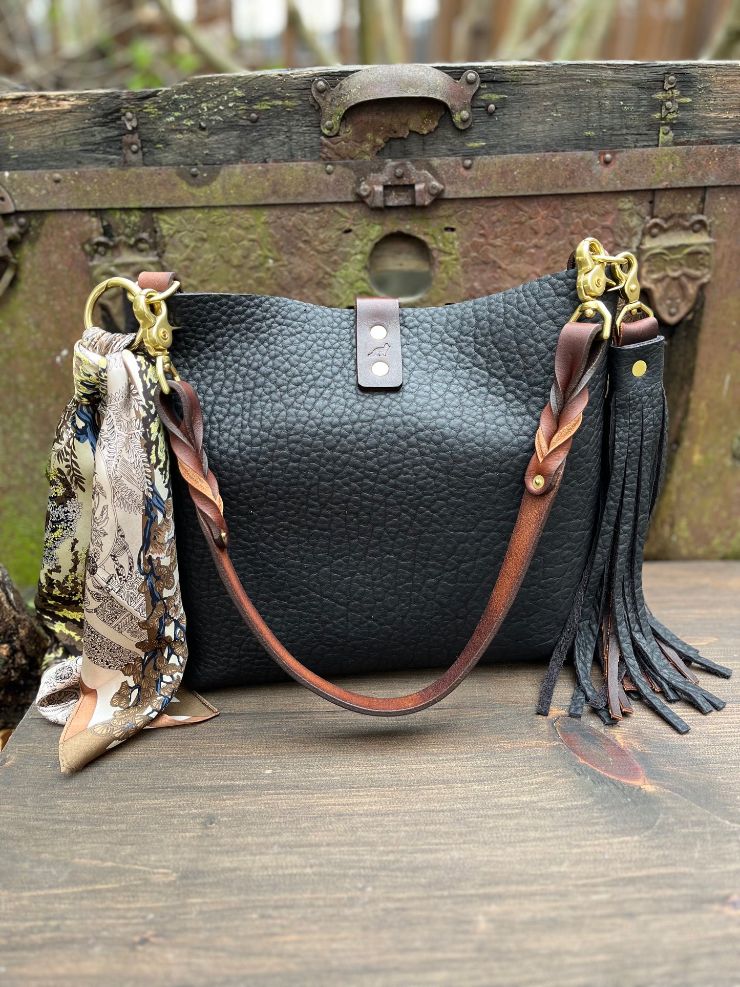 Barcelona Mini Bucket in Distressed Black Bison with Braided Tassel