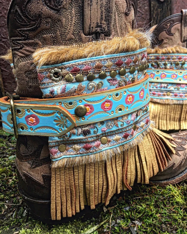 Shabby Chic Boho Boot Wraps, Hand Tooled / Painted, Wearable Art
