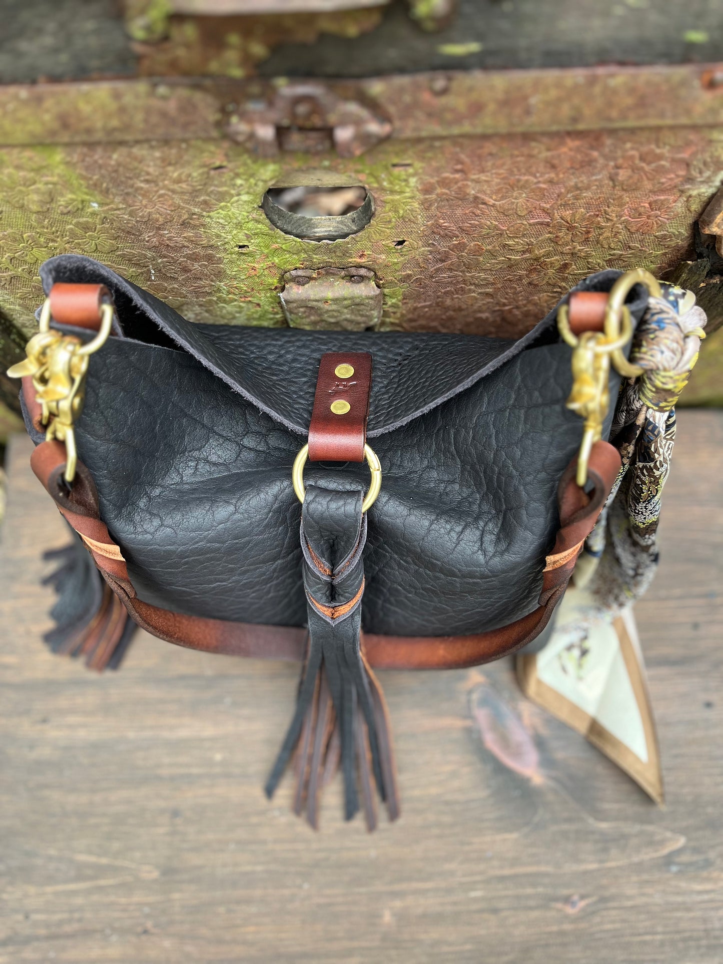 Barcelona Mini Bucket in Distressed Black Bison with Braided Tassel
