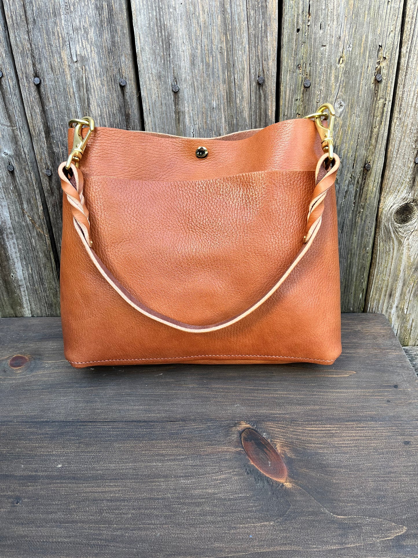 Emma Shoulder Bag in Wickett & Craig Milled Buck Brown with Longer Braided Leather Strap
