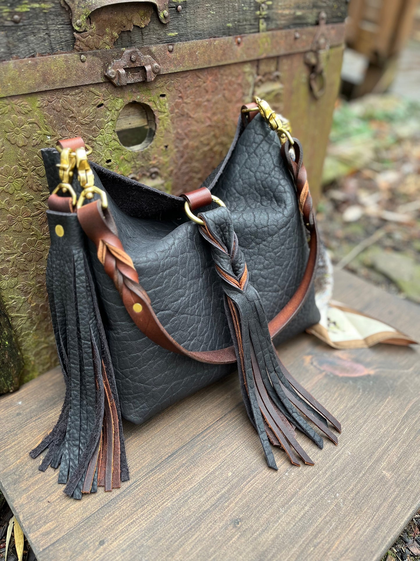 Barcelona Mini Bucket in Distressed Black Bison with Braided Tassel