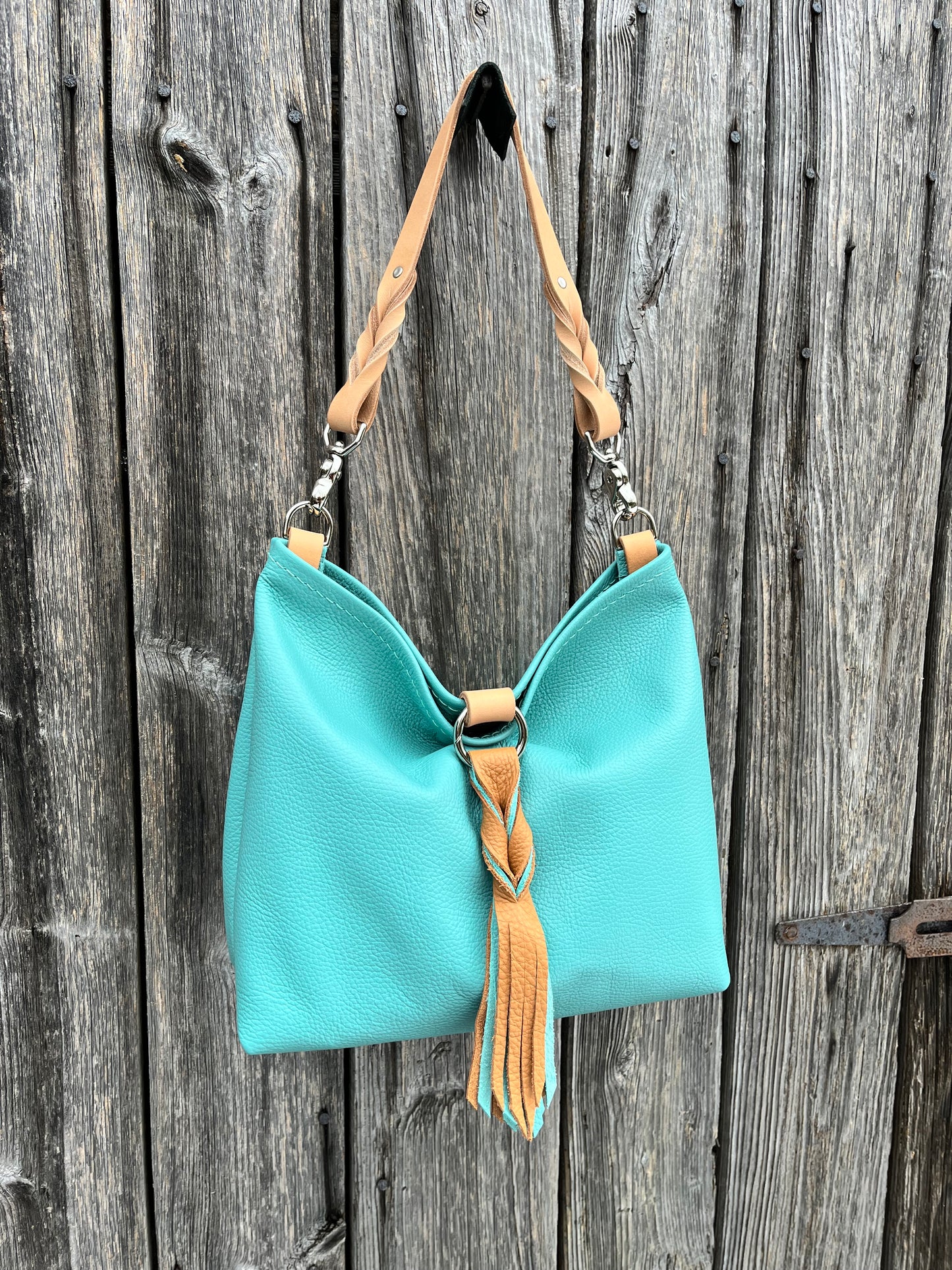 Mimi Slouch Bag in Tiffany Blue with Braided Throwover Leather Tassel