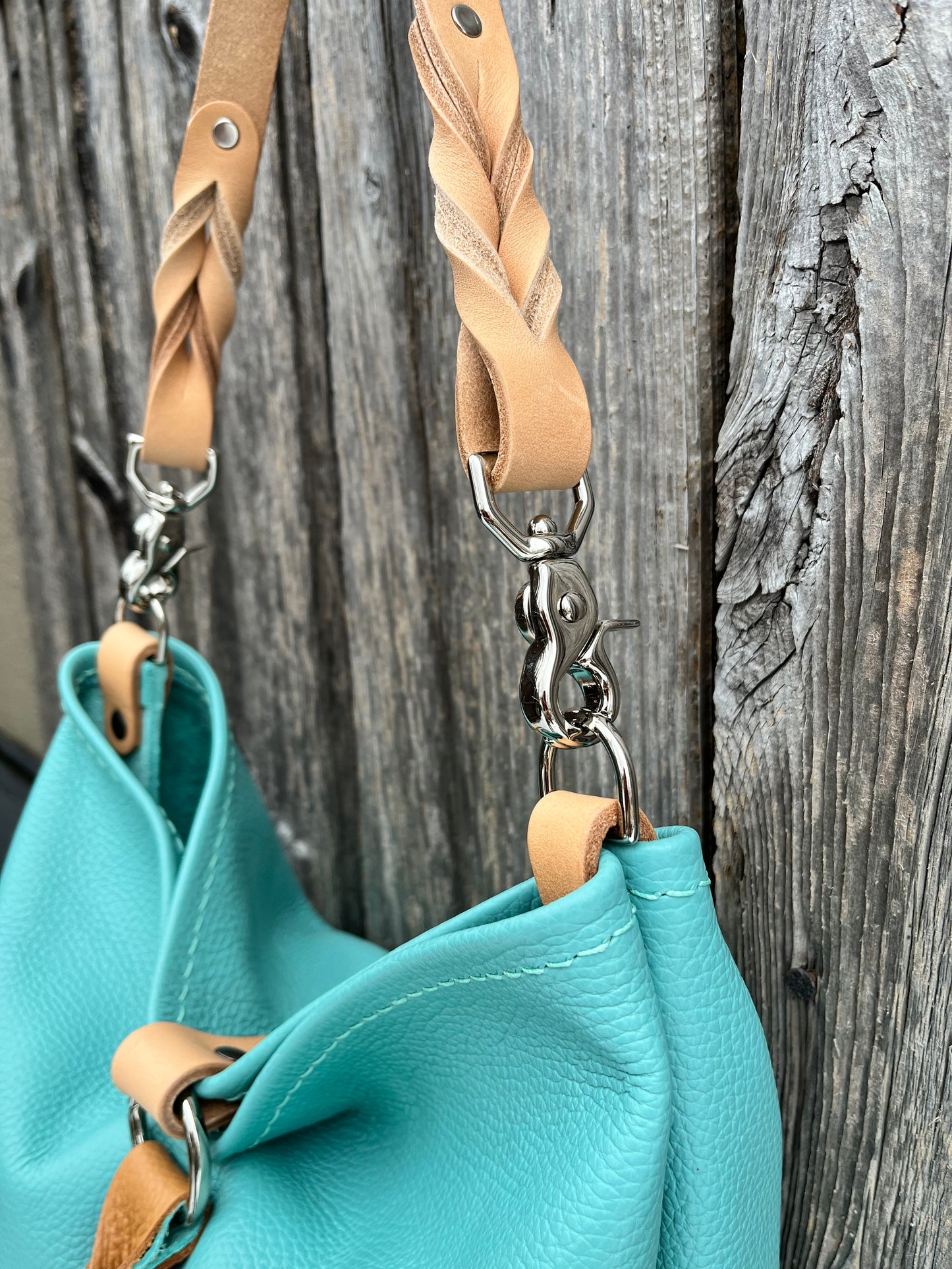 Mimi Slouch Bag in Tiffany Blue with Braided Throwover Leather Tassel