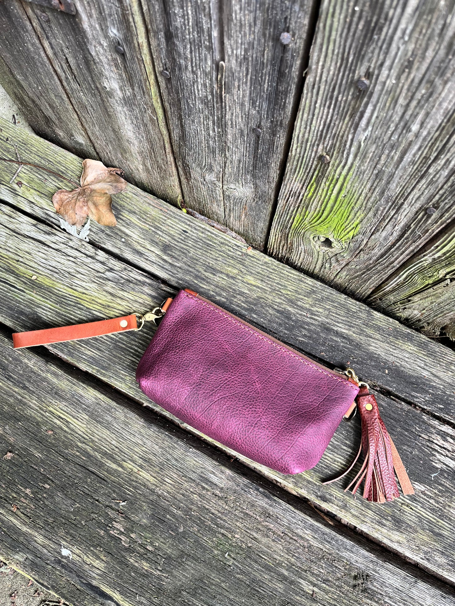 Pip Wristlet in Grape Bison with Cognac Leather Accents