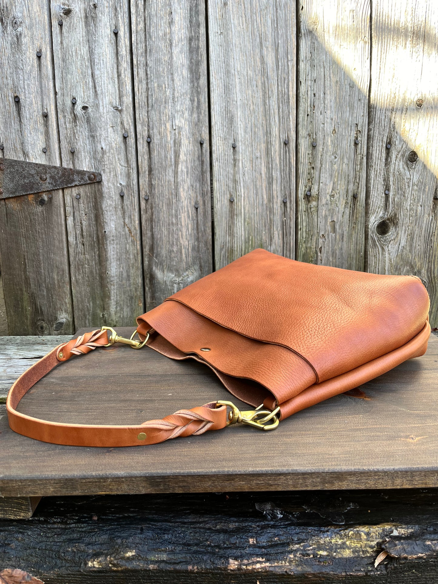 Emma Shoulder Bag in Wickett & Craig Milled Buck Brown with Longer Braided Leather Strap