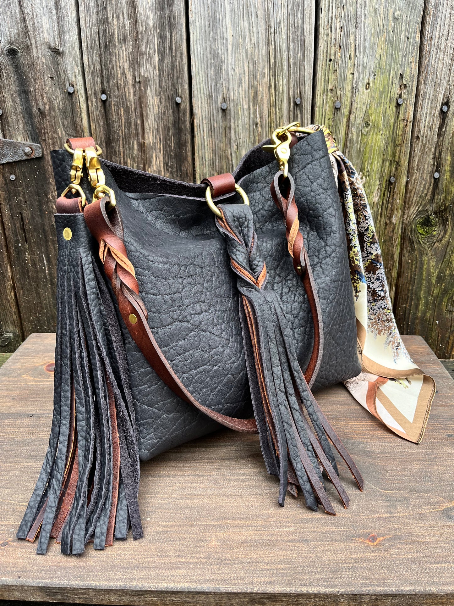 Barcelona Mini Bucket in Distressed Black Bison with Braided Tassel