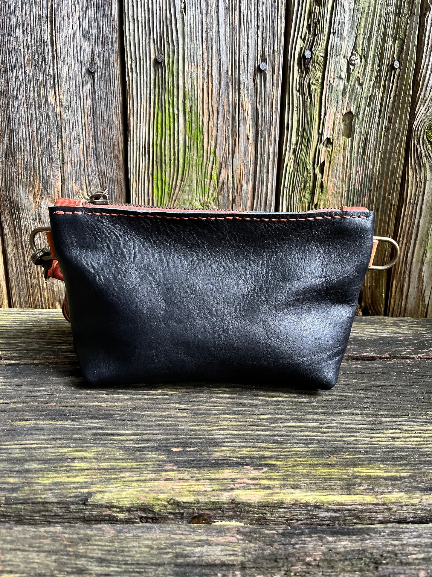 Little Pip Wristlet in Black Veg Tan with Brown Leather Accents