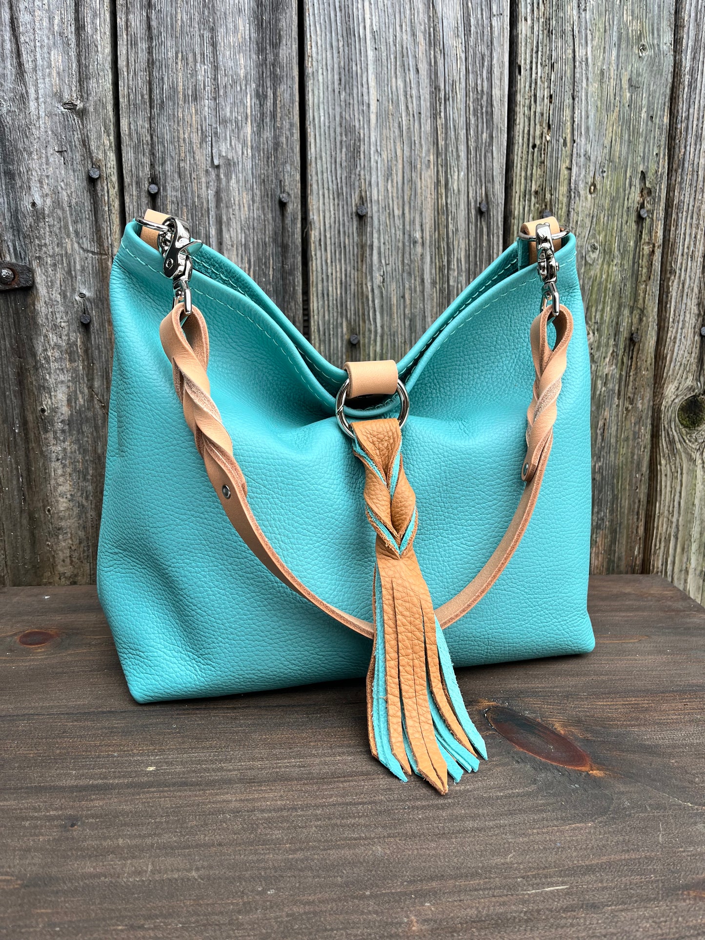 Mimi Slouch Bag in Tiffany Blue with Braided Throwover Leather Tassel