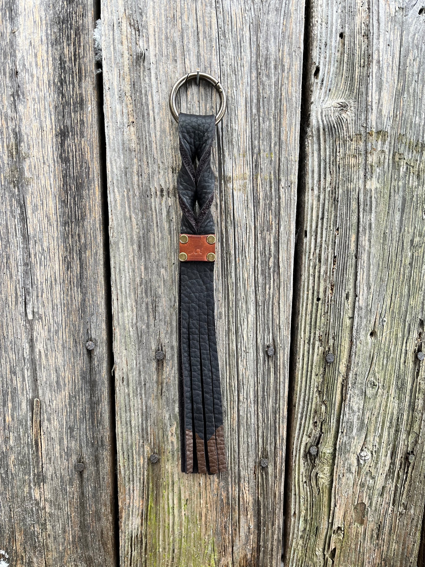 Twisted Fox Tag Leather Tassel with Black & Brown Ombré Fringe
