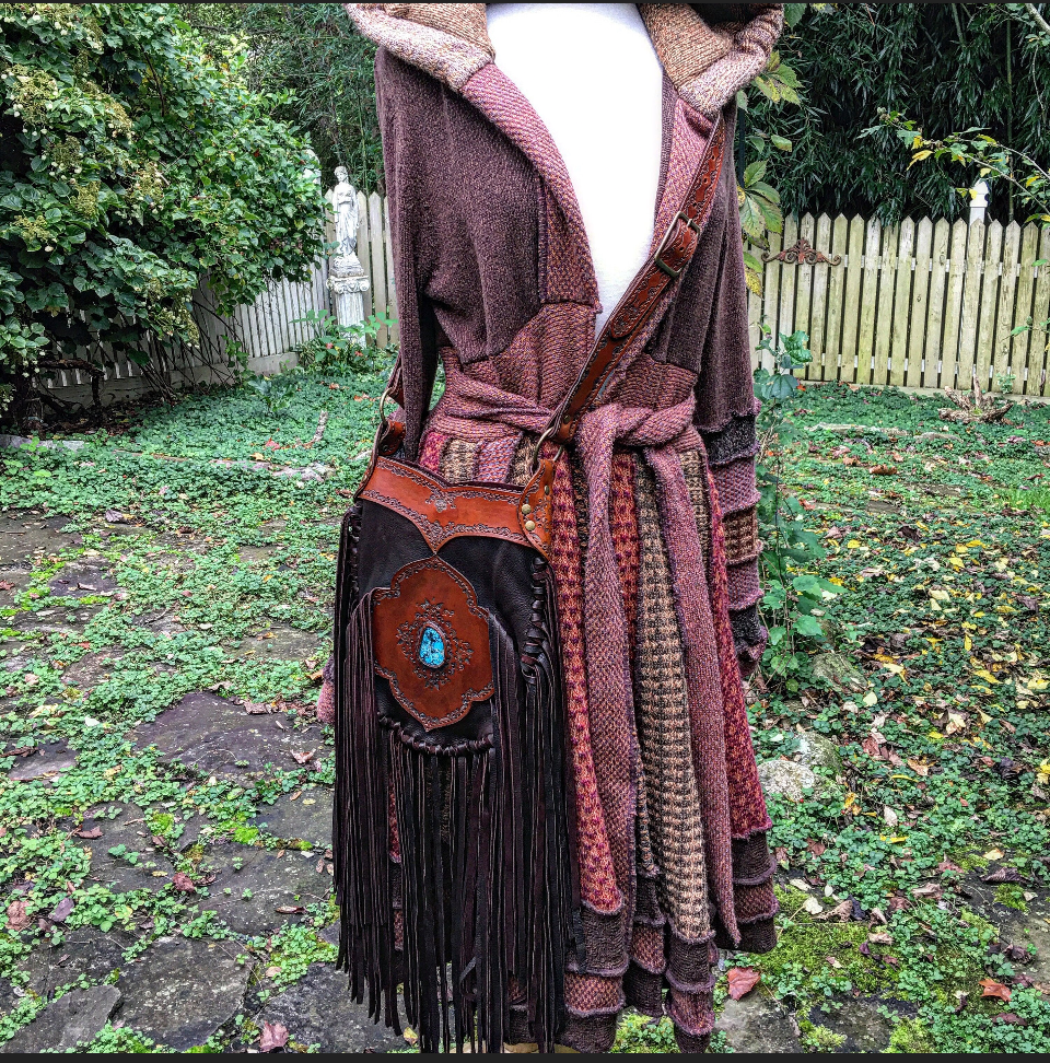 Evolet Leather Crossbody Pouch in Dark Chocolate Deerskin with Turquoise Stone