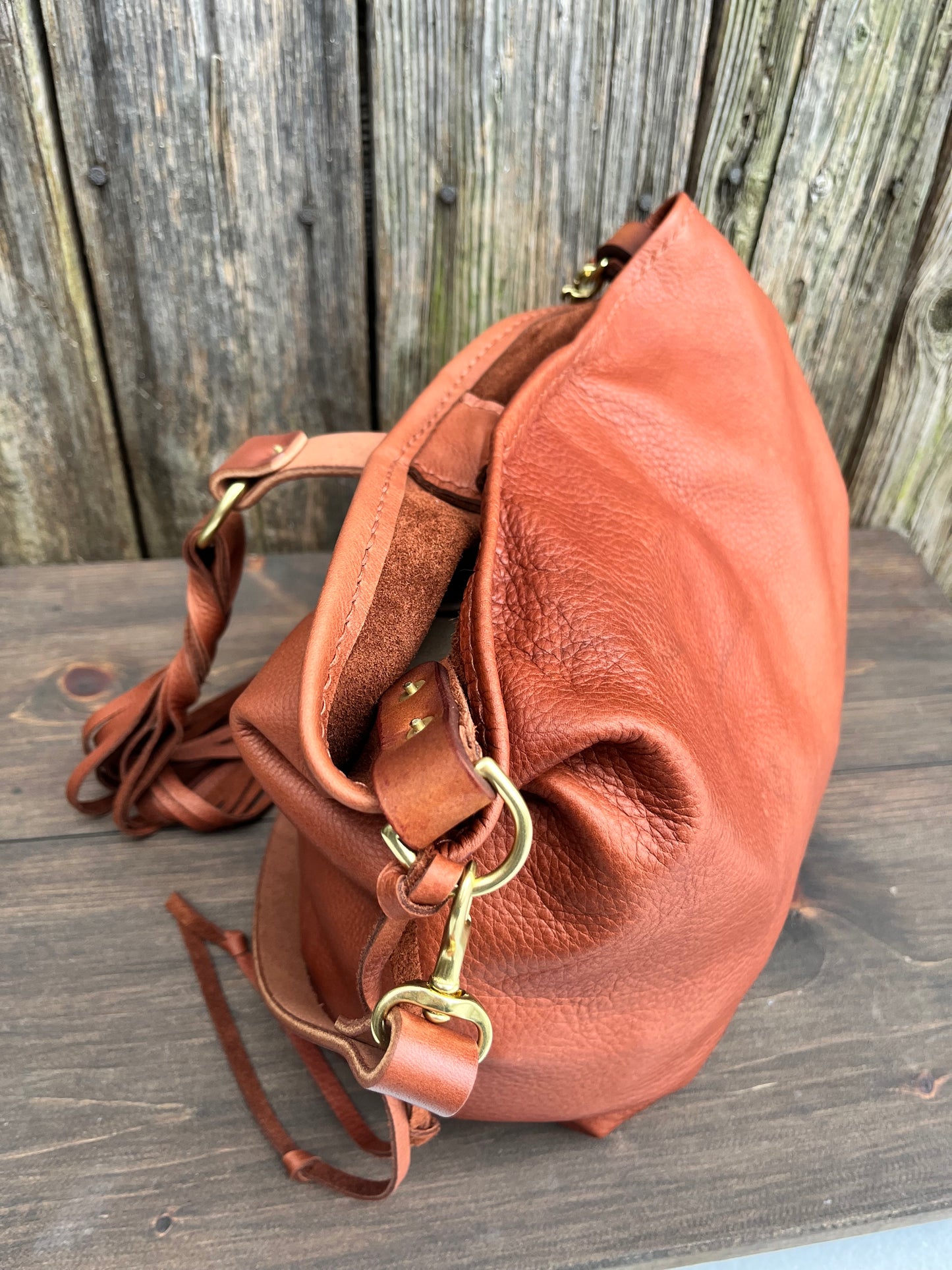 Mimi Slouch Bag in Brandy Naked Cow with Leather Tassel Closure