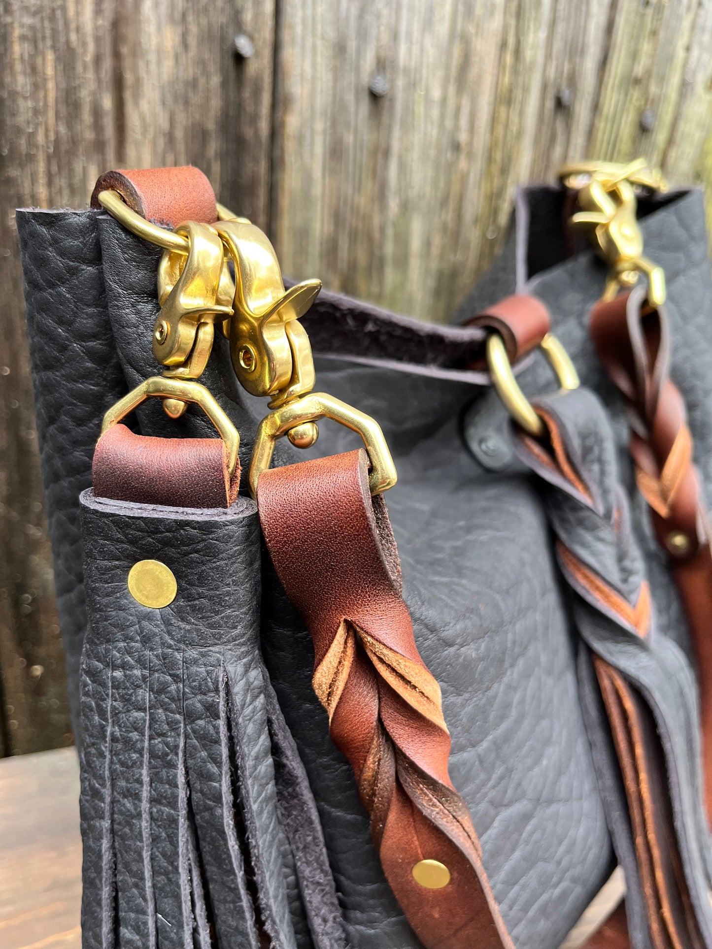 Barcelona Mini Bucket in Distressed Black Bison with Braided Tassel