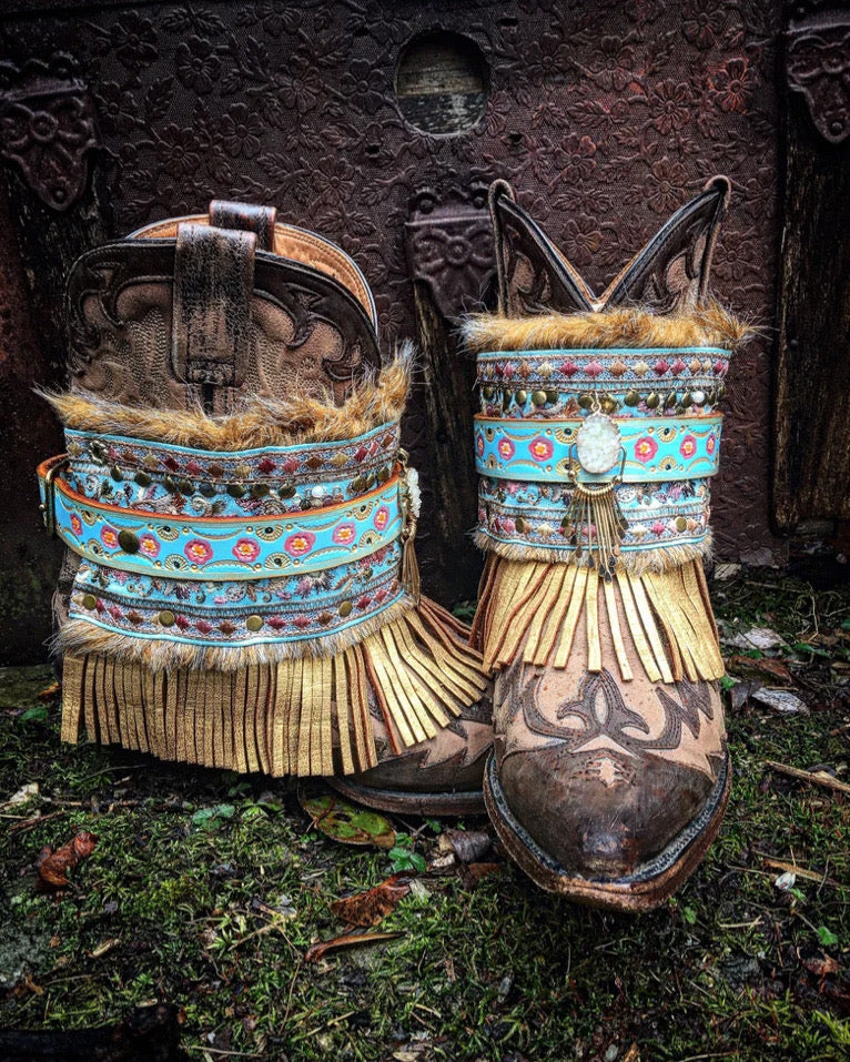 Shabby Chic Boho Boot Wraps, Hand Tooled / Painted, Wearable Art