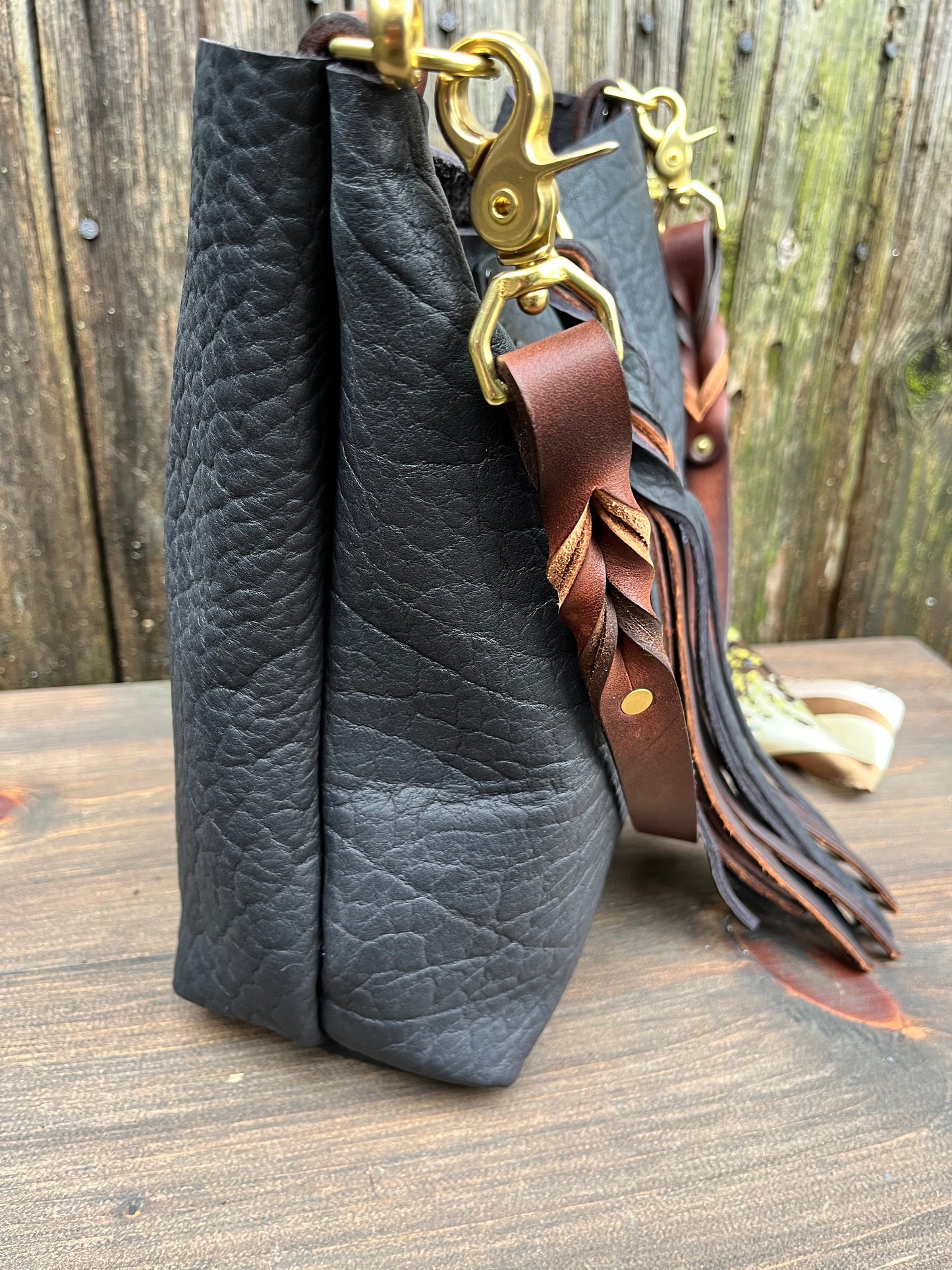 Barcelona Mini Bucket in Distressed Black Bison with Braided Tassel