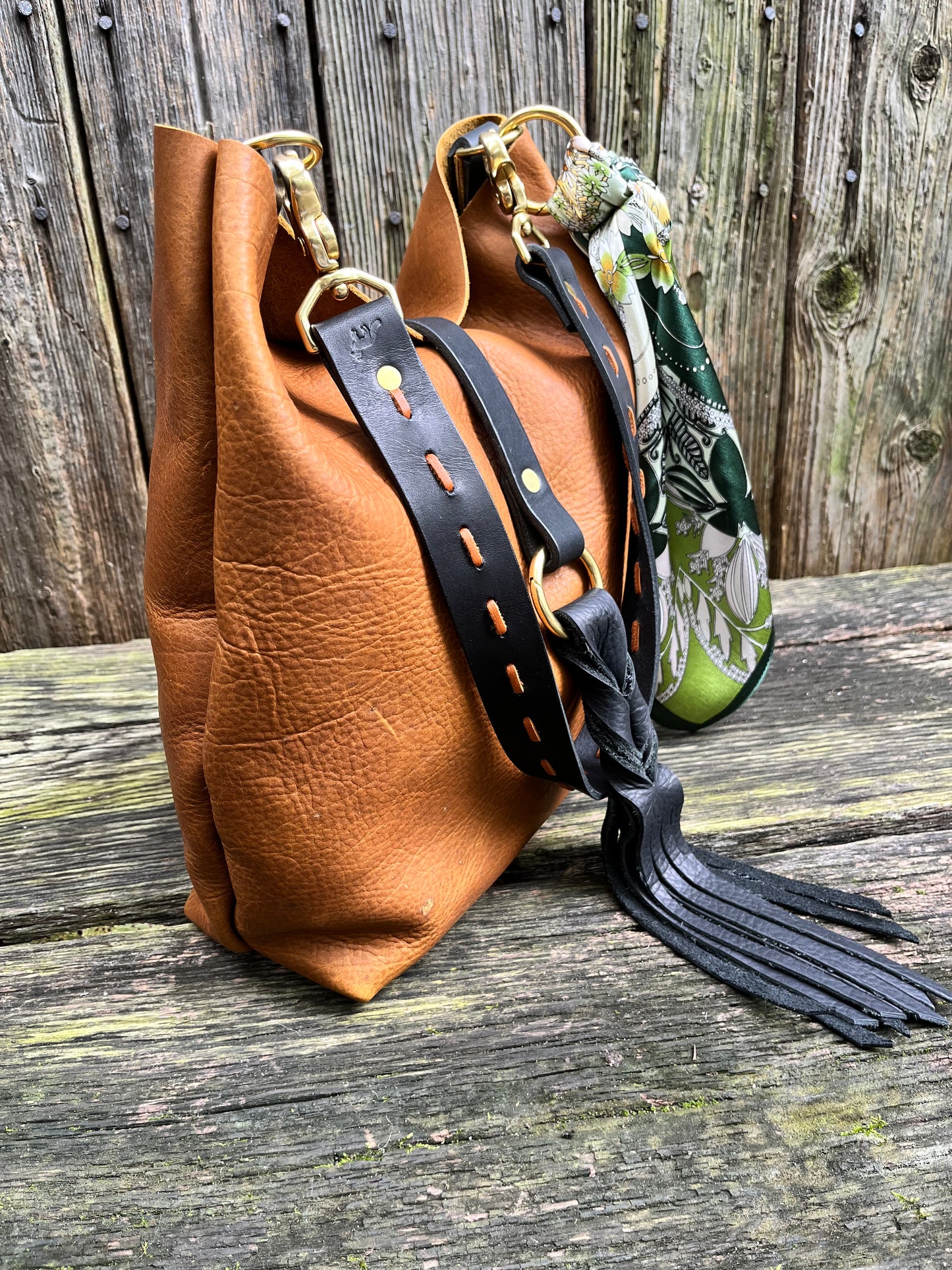 Barcelona Bucket in Distressed Tan Cowhide with Throwover Tassel & Silk Scarf Accessory