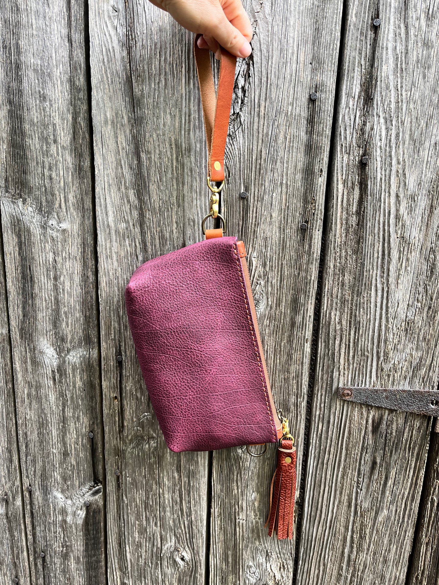 Pip Wristlet in Grape Bison with Cognac Leather Accents