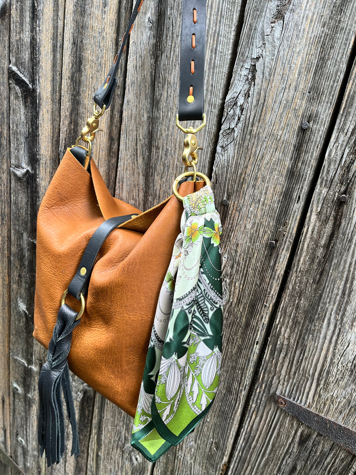 Barcelona Bucket in Distressed Tan Cowhide with Throwover Tassel & Silk Scarf Accessory