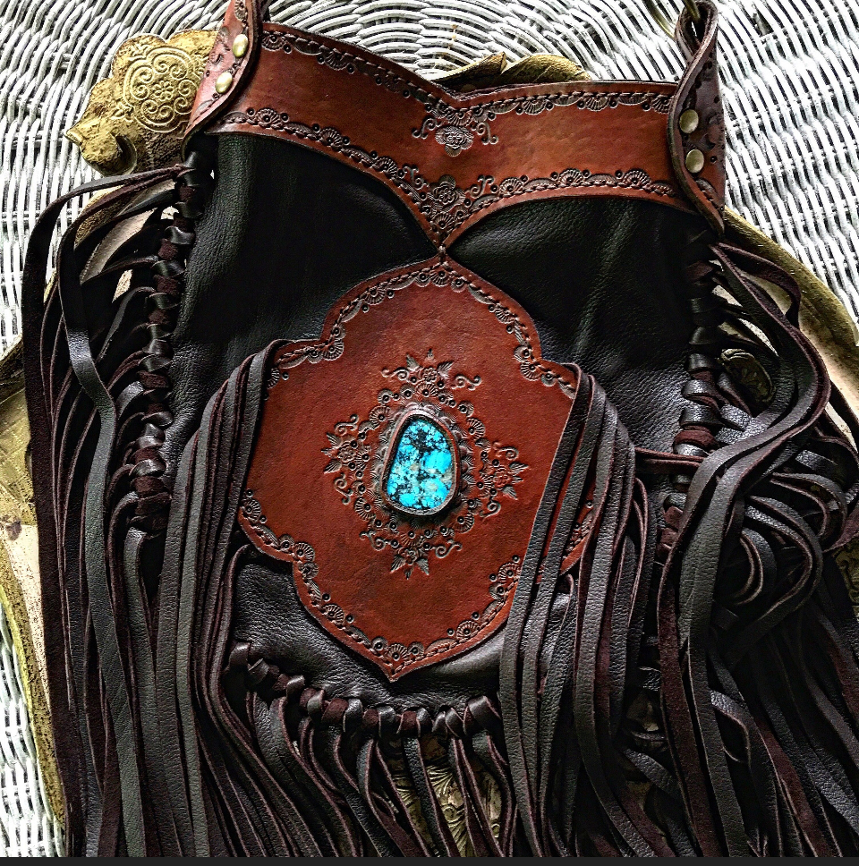 Evolet Leather Crossbody Pouch in Dark Chocolate Deerskin with Turquoise Stone