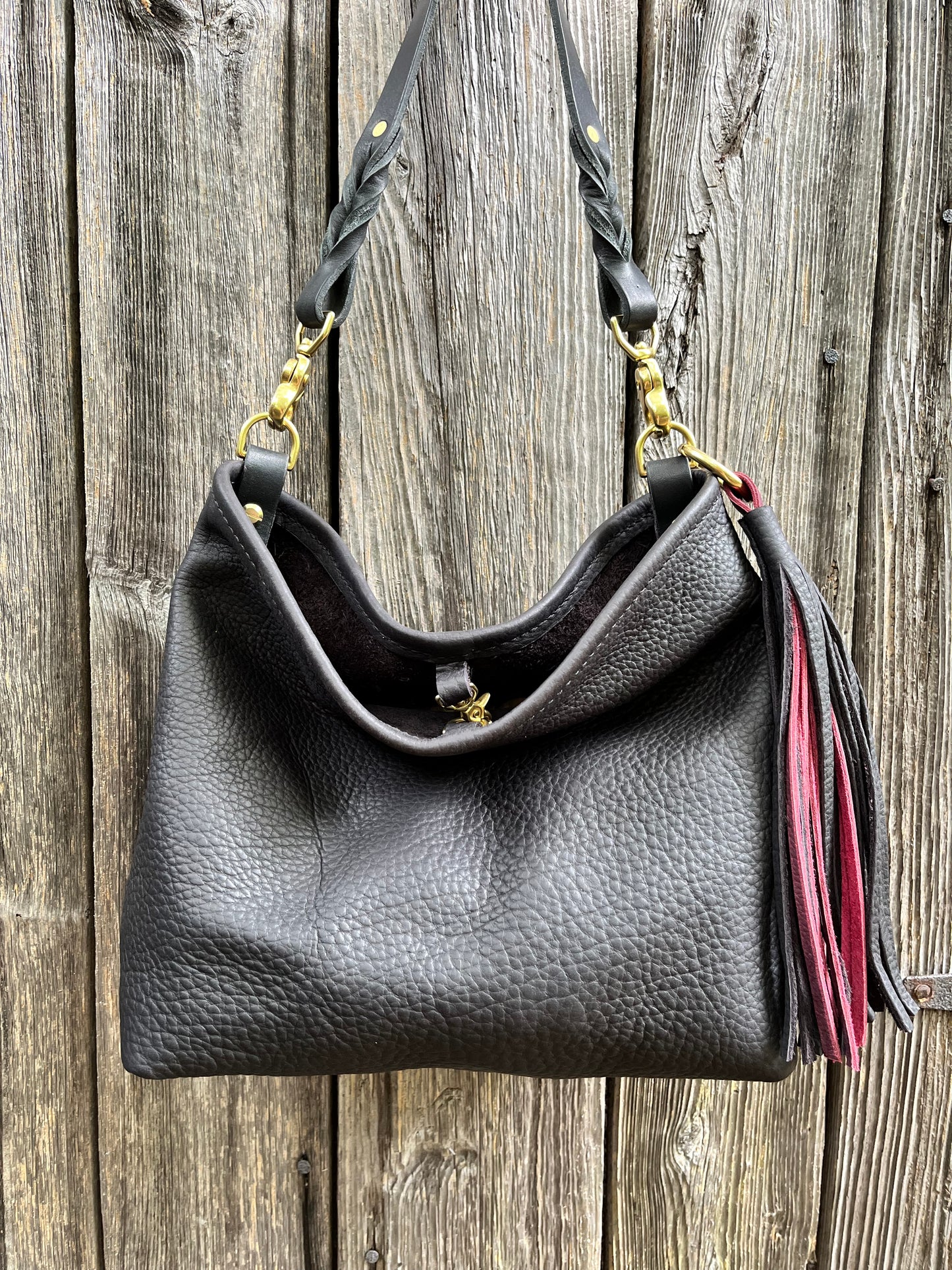 Mimi Slouch Bag in Black Bison with Leather Tassel