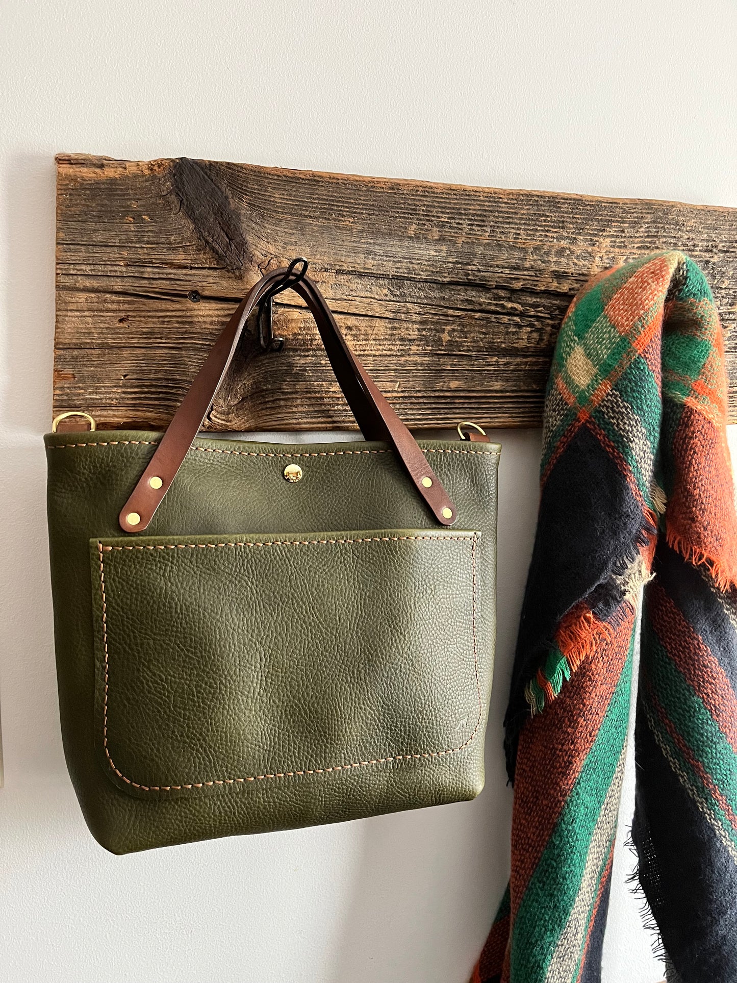 Carrie Fox Leather Tote Mini in Italian Olive Veg Tanned Leather with Walnut Horween Handles