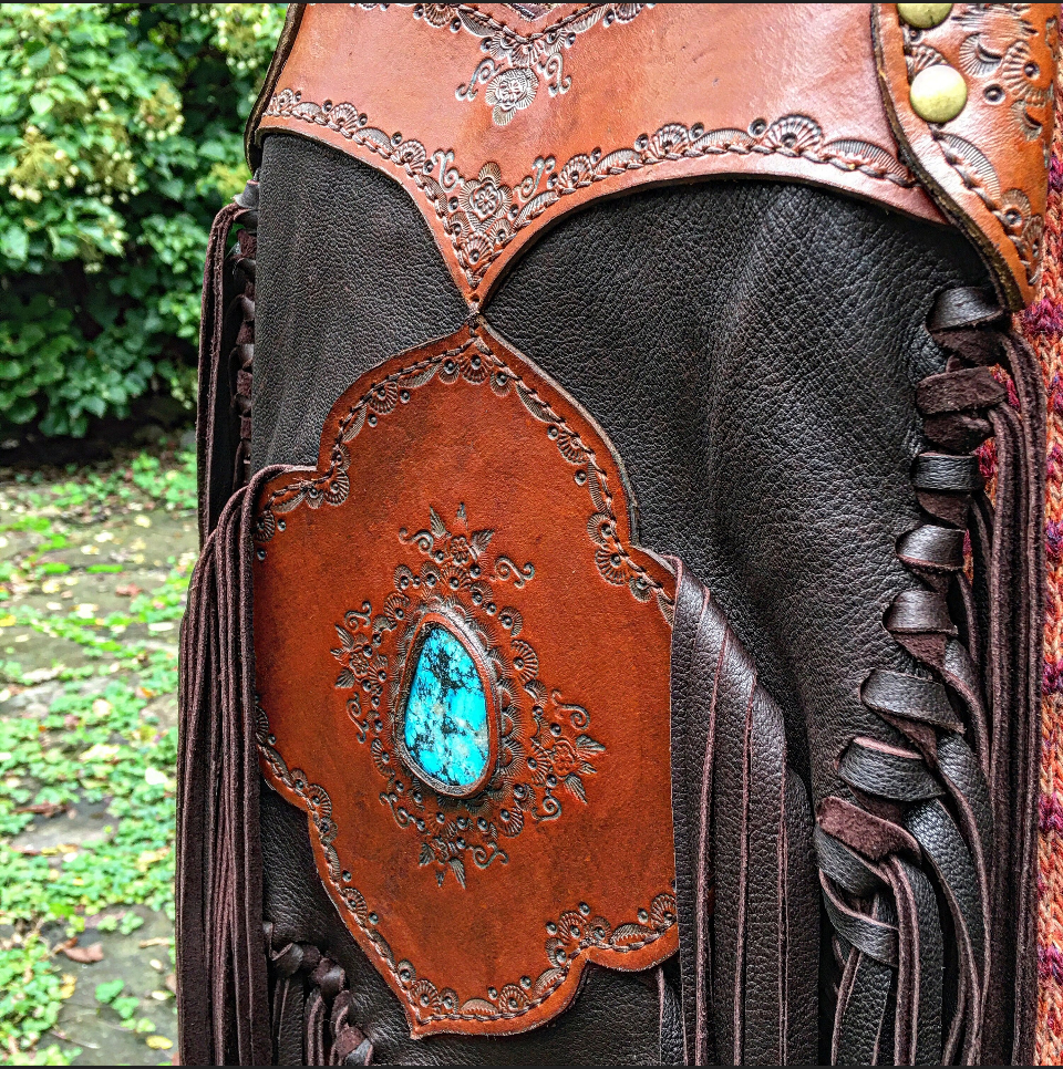 Evolet Leather Crossbody Pouch in Dark Chocolate Deerskin with Turquoise Stone
