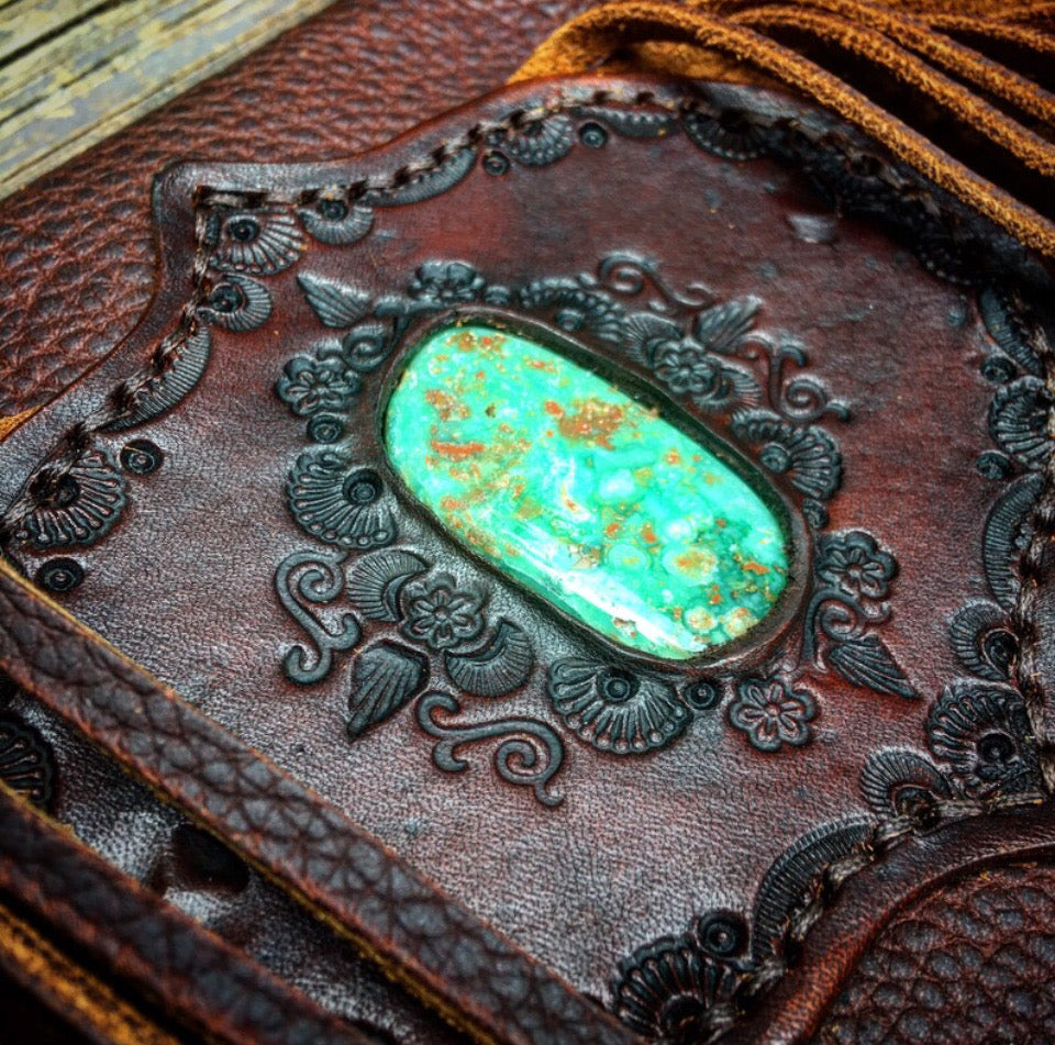 Evolet Saddle Bag in Oil Tanned Leather with Nevada Emerald Valley Turquoise