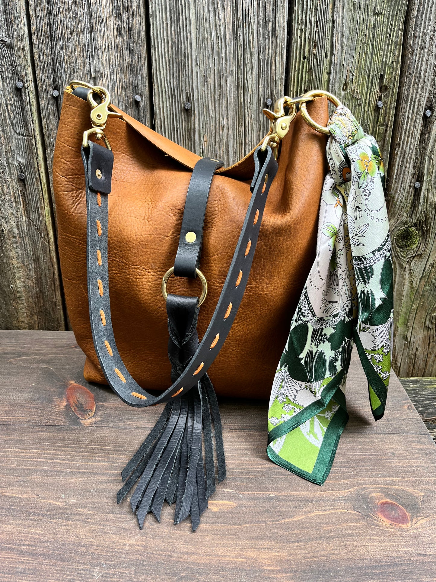 Barcelona Bucket in Distressed Tan Cowhide with Throwover Tassel & Silk Scarf Accessory