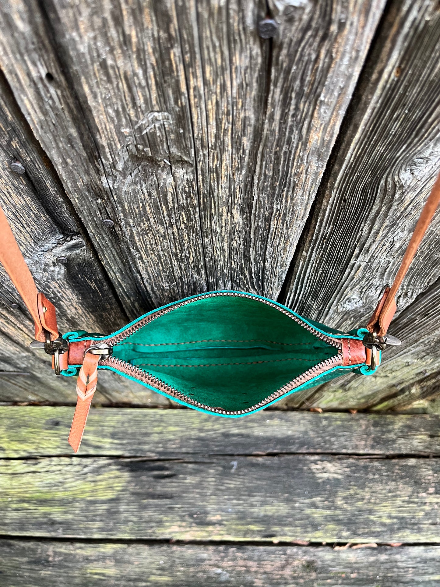 Poppy Crossbody in Emerald Cowhide with Brown Leather Accents