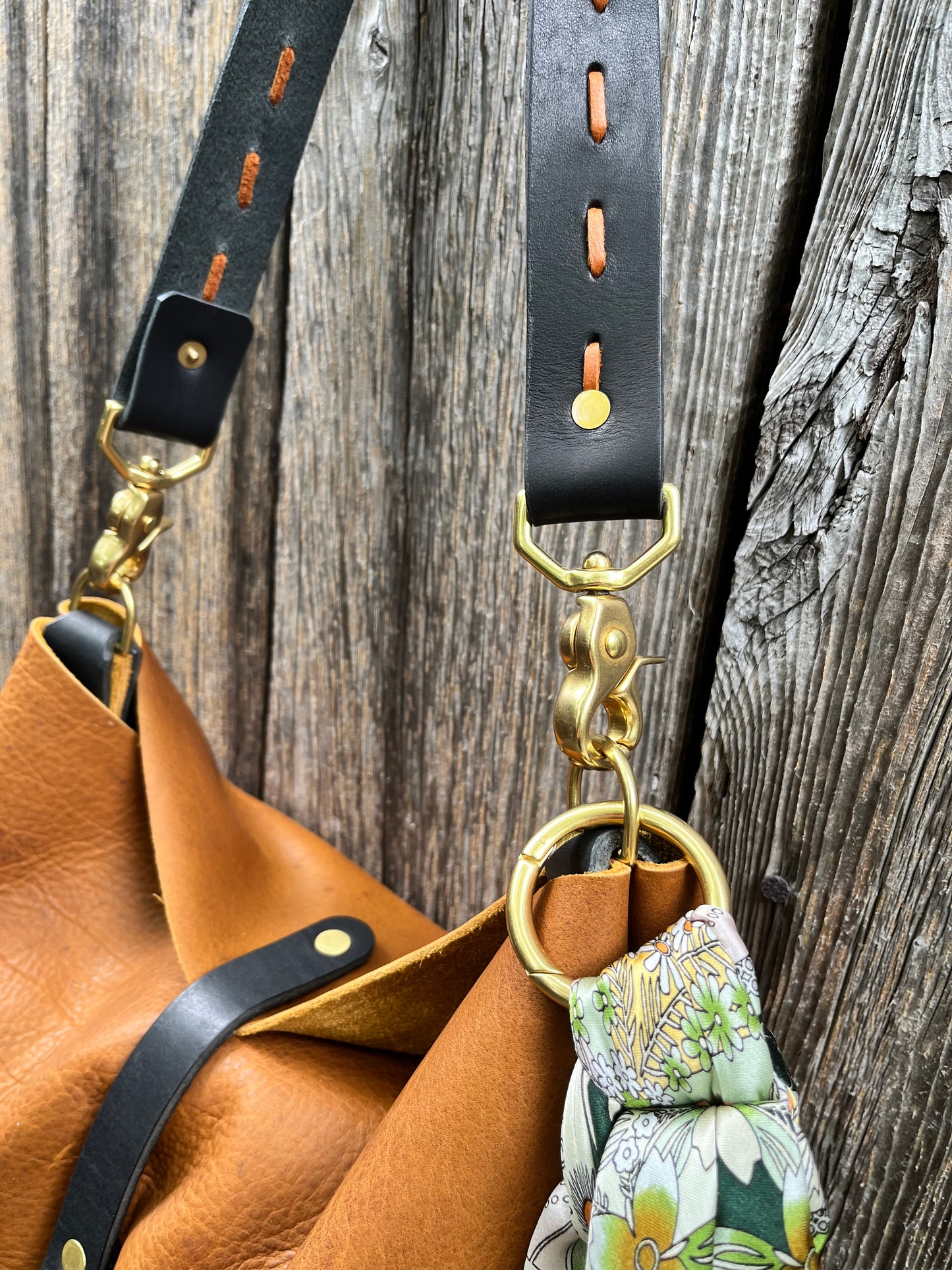 Barcelona Bucket in Distressed Tan Cowhide with Throwover Tassel & Silk Scarf Accessory