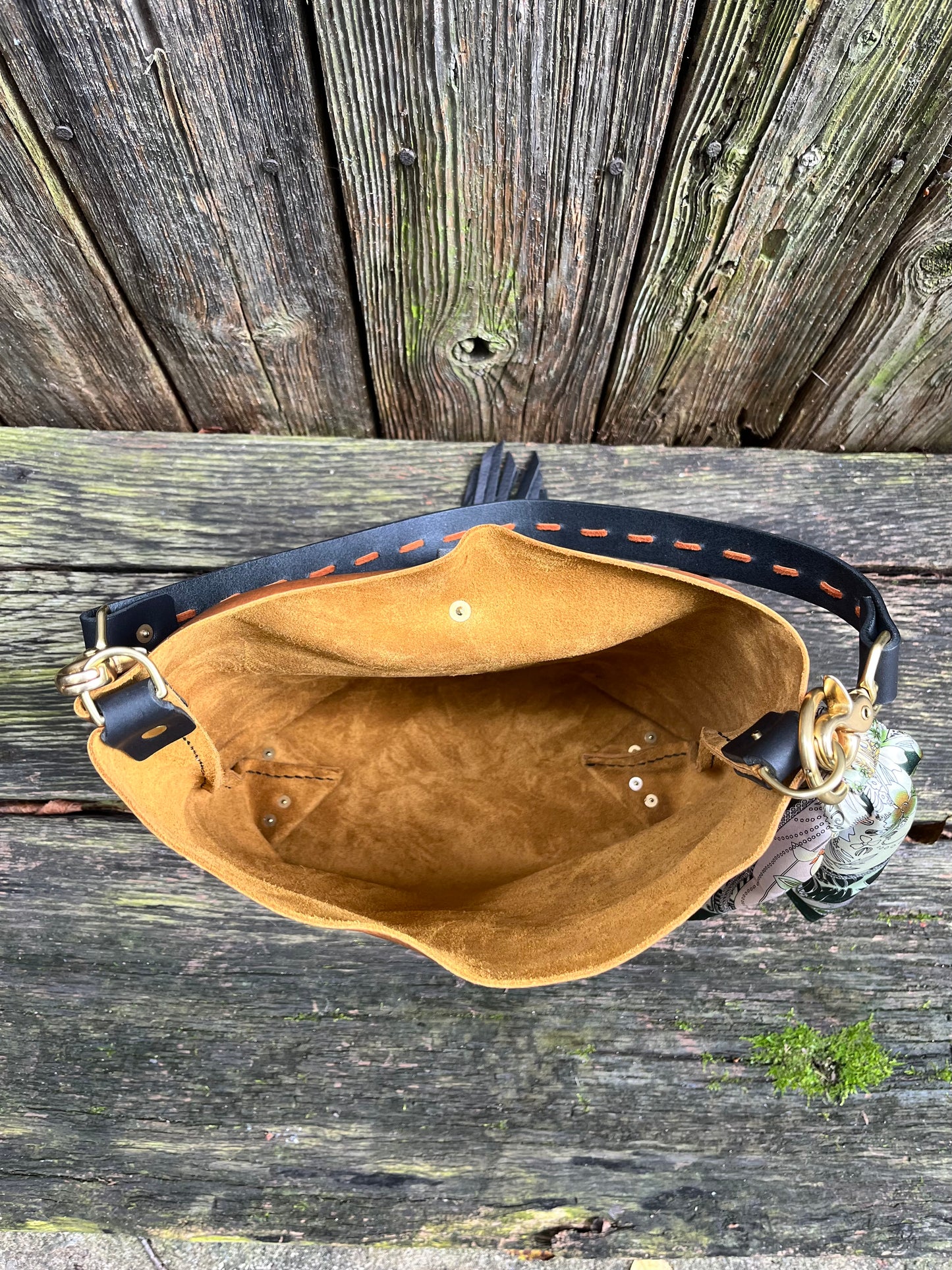 Barcelona Bucket in Distressed Tan Cowhide with Throwover Tassel & Silk Scarf Accessory