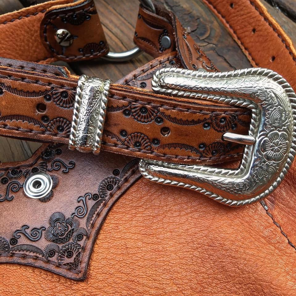Evolet Tribal Leather Crossbody Pouch, Hand-Tooled, Tobacco Deerskin with Sierra Nevada Turquoise