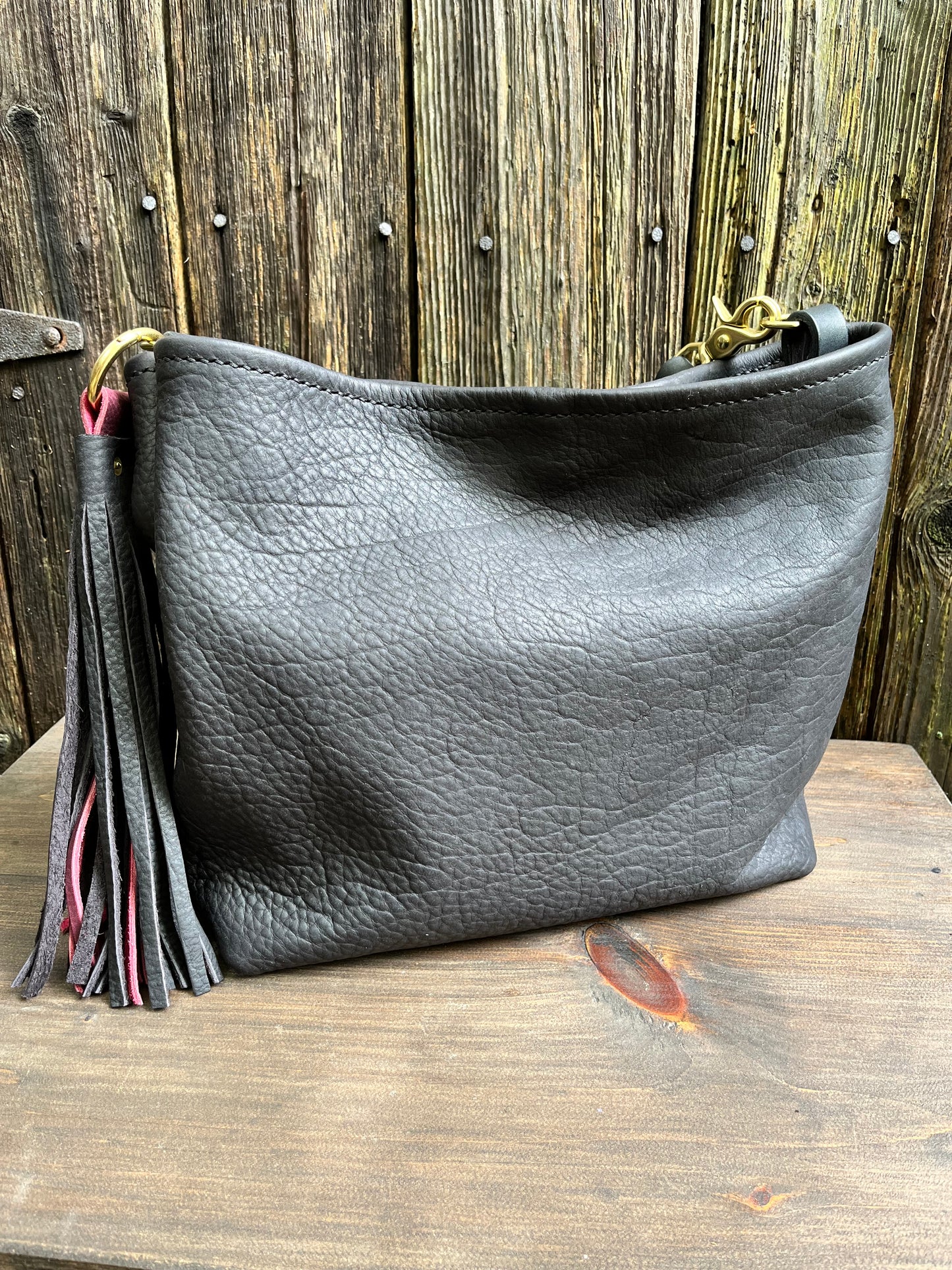 Mimi Slouch Bag in Black Bison with Leather Tassel